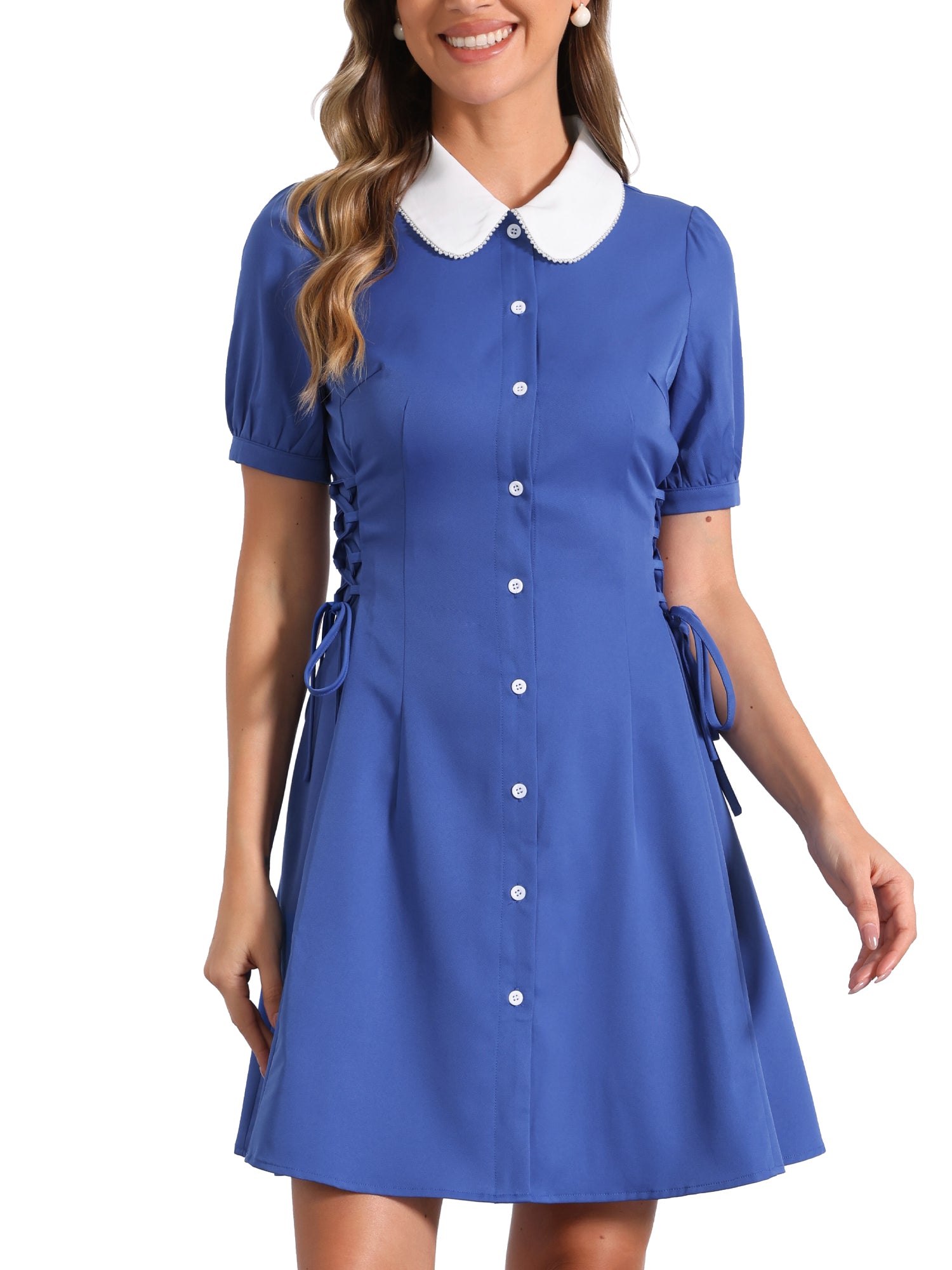 Vintage Peter Pan Collar Lace Up Button Down Dress