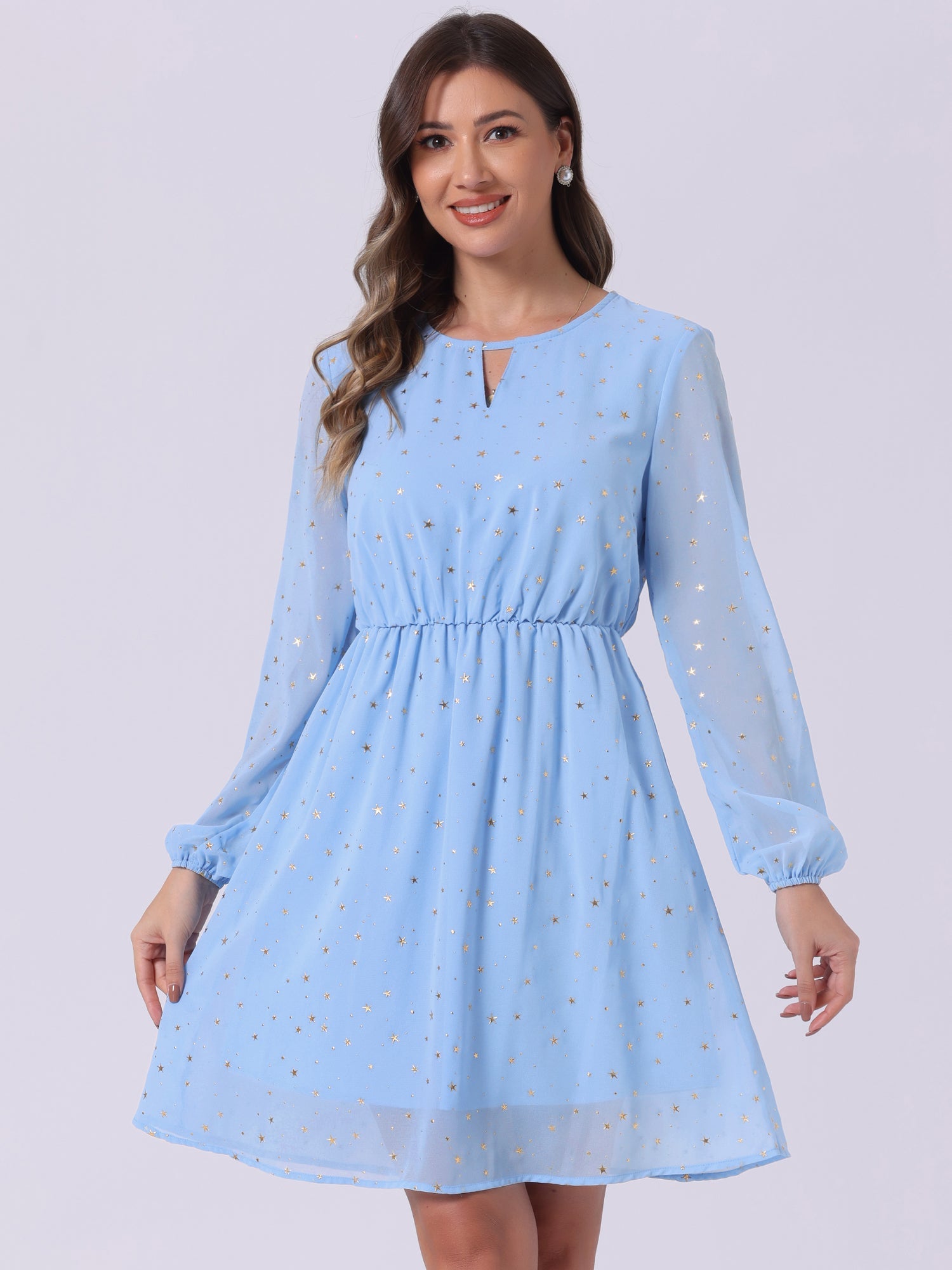 Choker V Neck Flared Gilding Metallic Shiny Star A-Line Dress