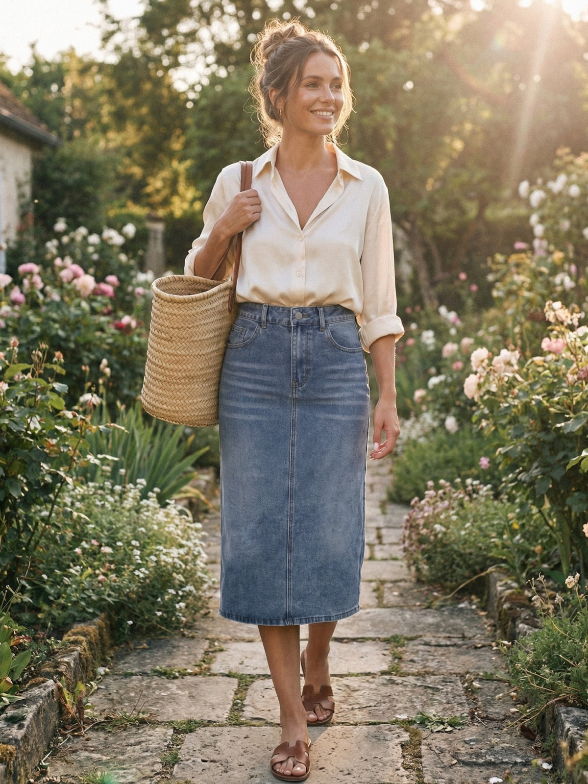 Casual Denim High Waist Stretchy Midi Pencil Jean Skirt