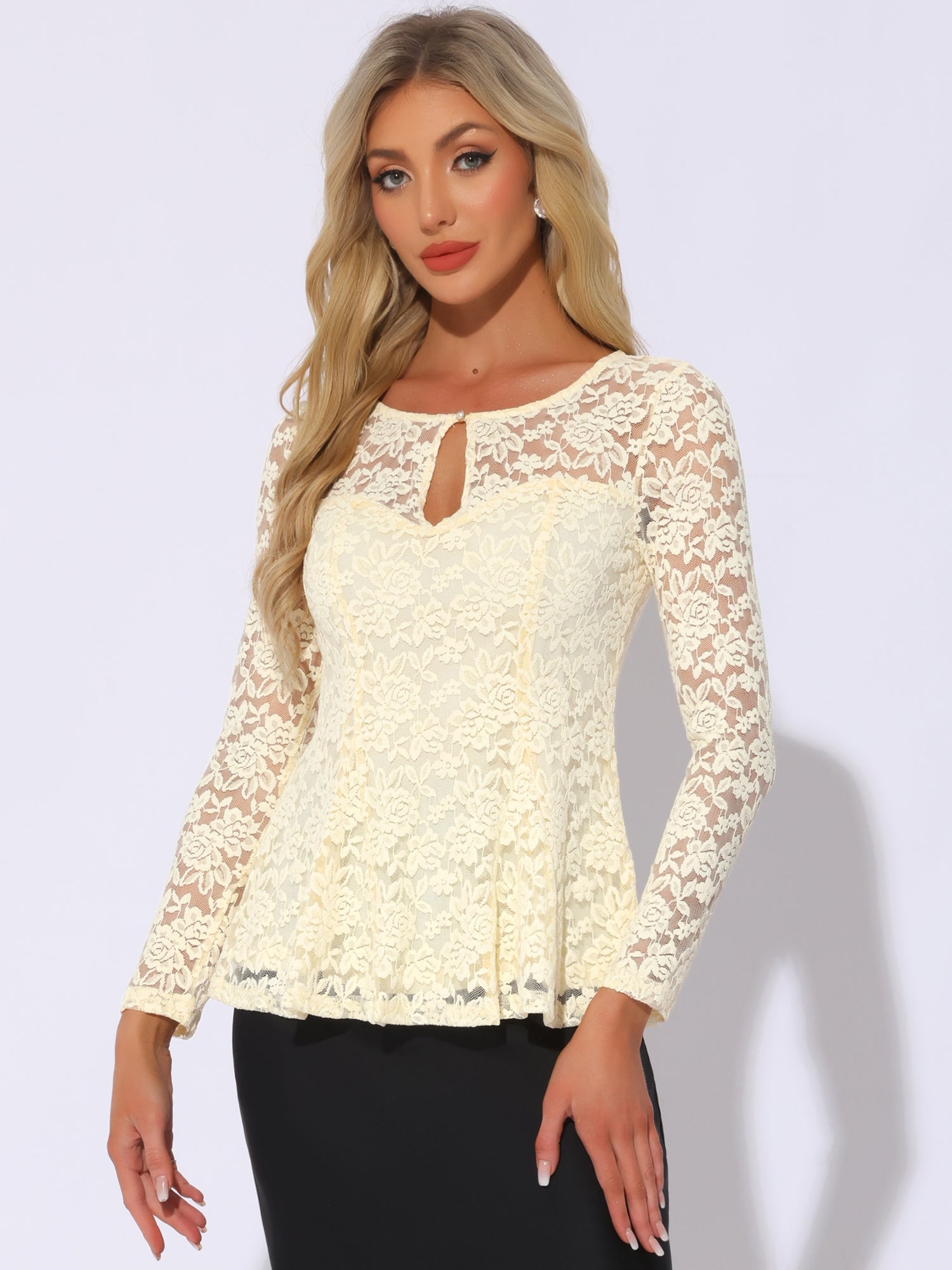 Lace Tops Keyhole Front Peplum Hem Sheer Long Sleeve Blouse