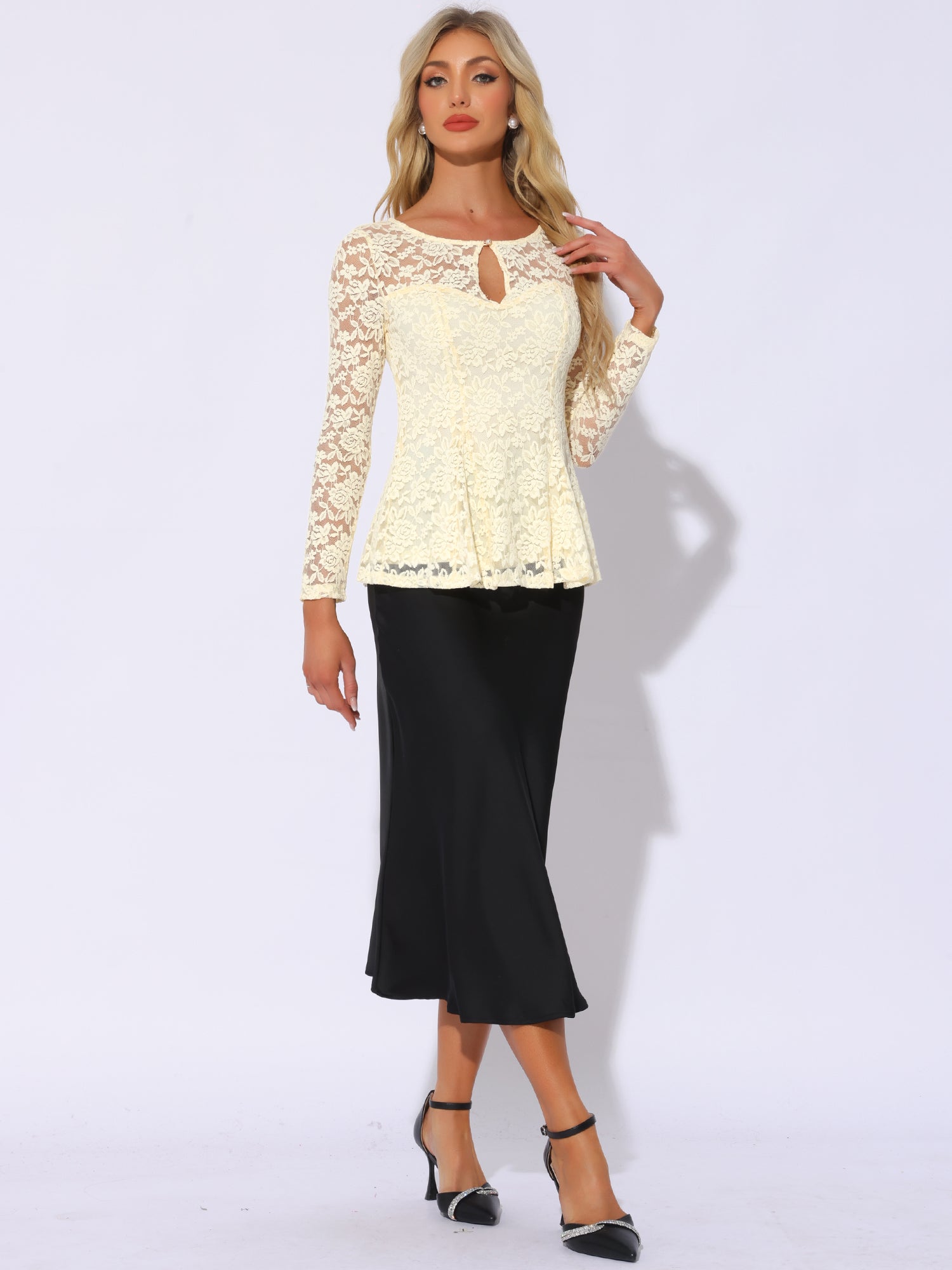 Lace Tops Keyhole Front Peplum Hem Sheer Long Sleeve Blouse