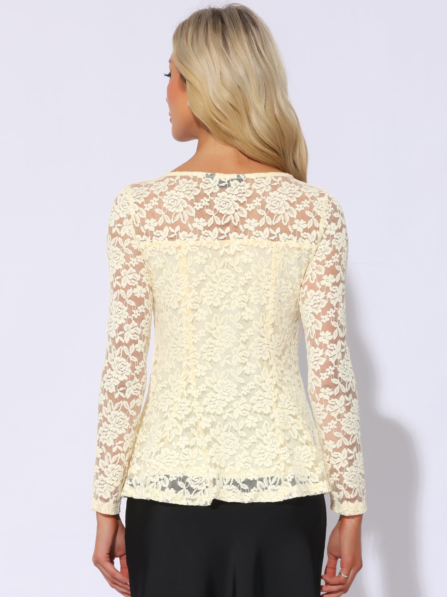 Lace Tops Keyhole Front Peplum Hem Sheer Long Sleeve Blouse