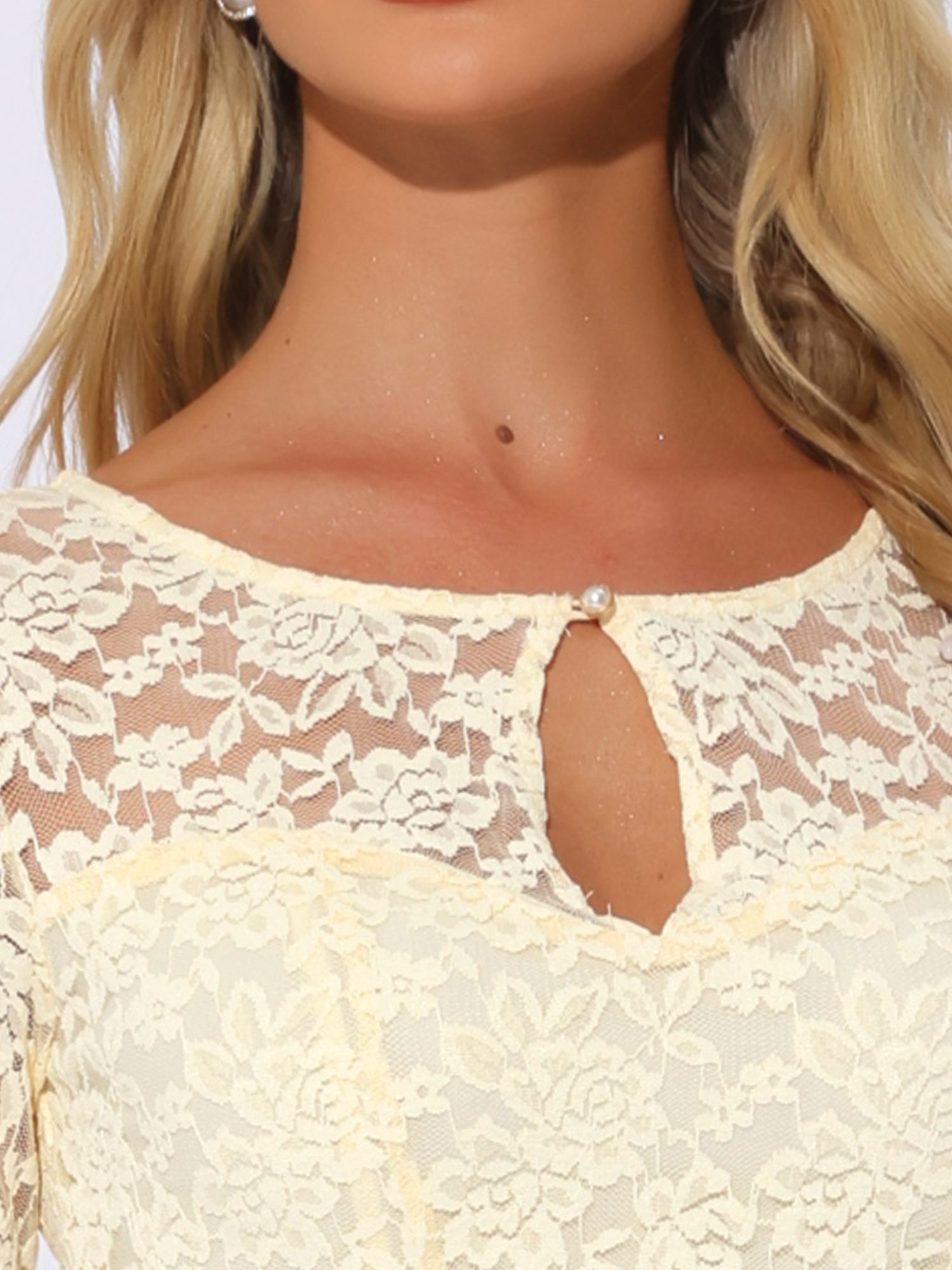 Lace Tops Keyhole Front Peplum Hem Sheer Long Sleeve Blouse