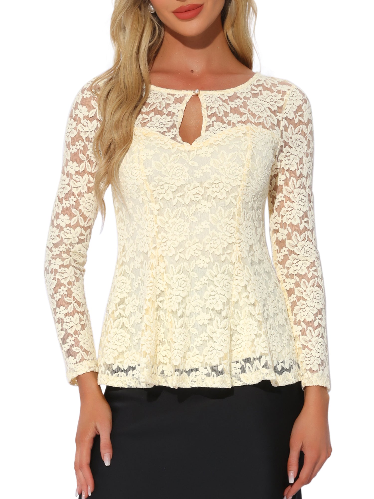 Lace Tops Keyhole Front Peplum Hem Sheer Long Sleeve Blouse