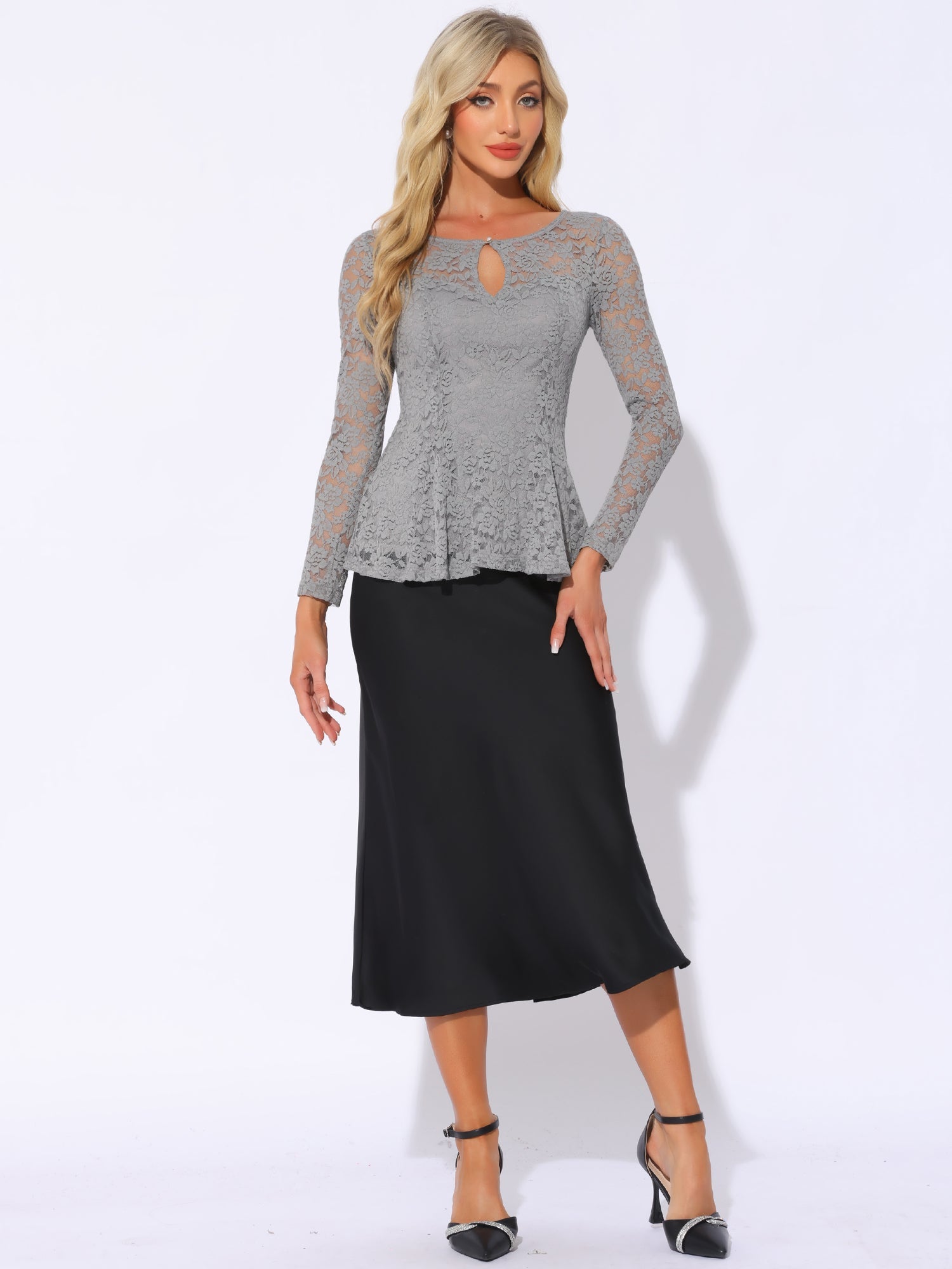 Lace Tops Keyhole Front Peplum Hem Sheer Long Sleeve Blouse