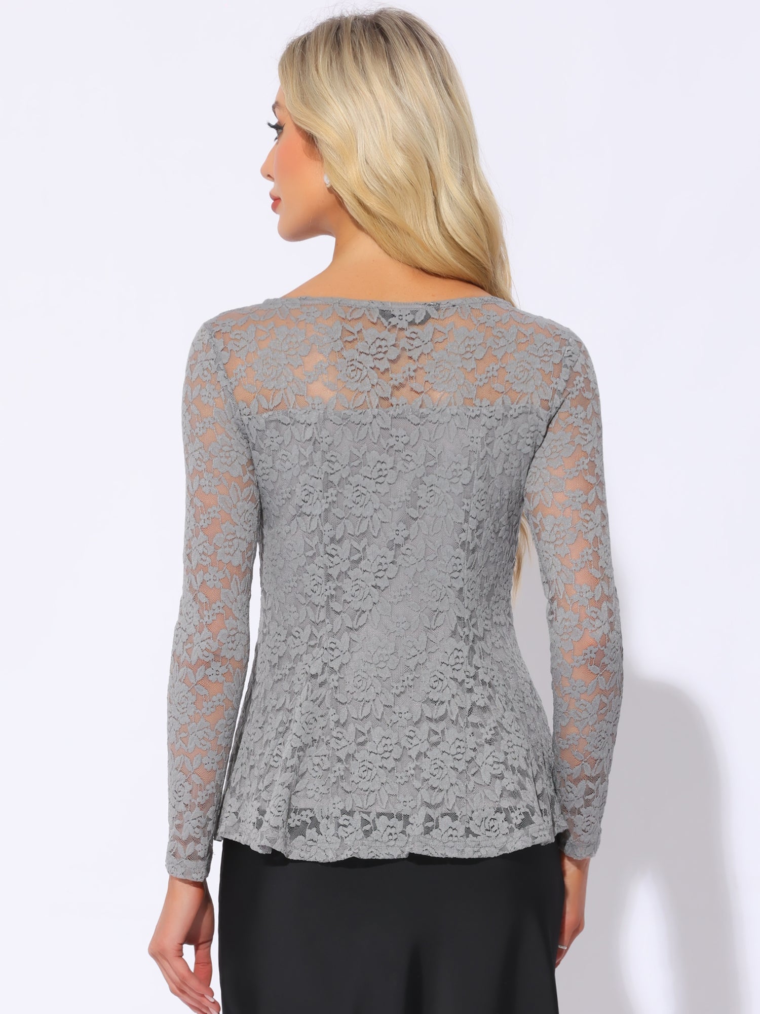Lace Tops Keyhole Front Peplum Hem Sheer Long Sleeve Blouse