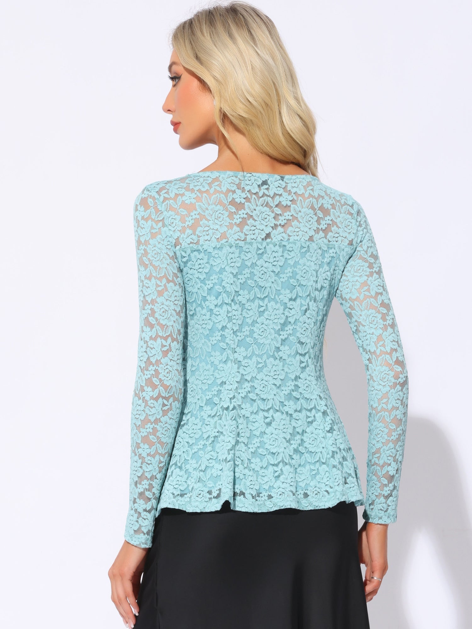 Lace Tops Keyhole Front Peplum Hem Sheer Long Sleeve Blouse