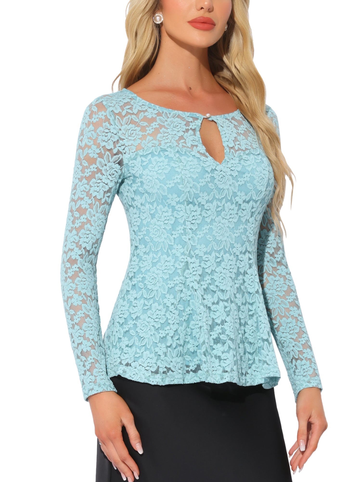 Lace Tops Keyhole Front Peplum Hem Sheer Long Sleeve Blouse