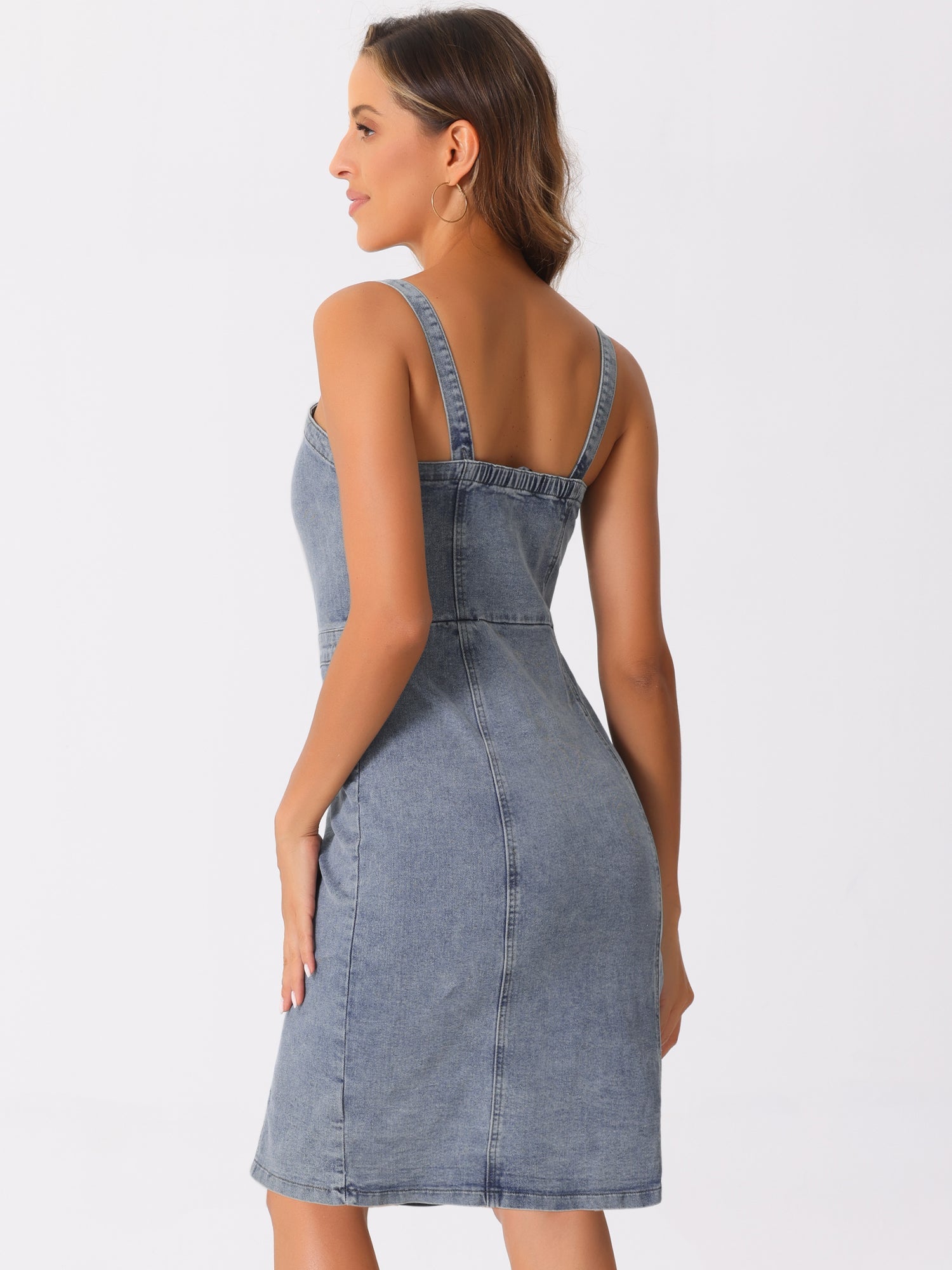 Button Down Denim Sleeveless Sweetheart Neck Jeans Dress