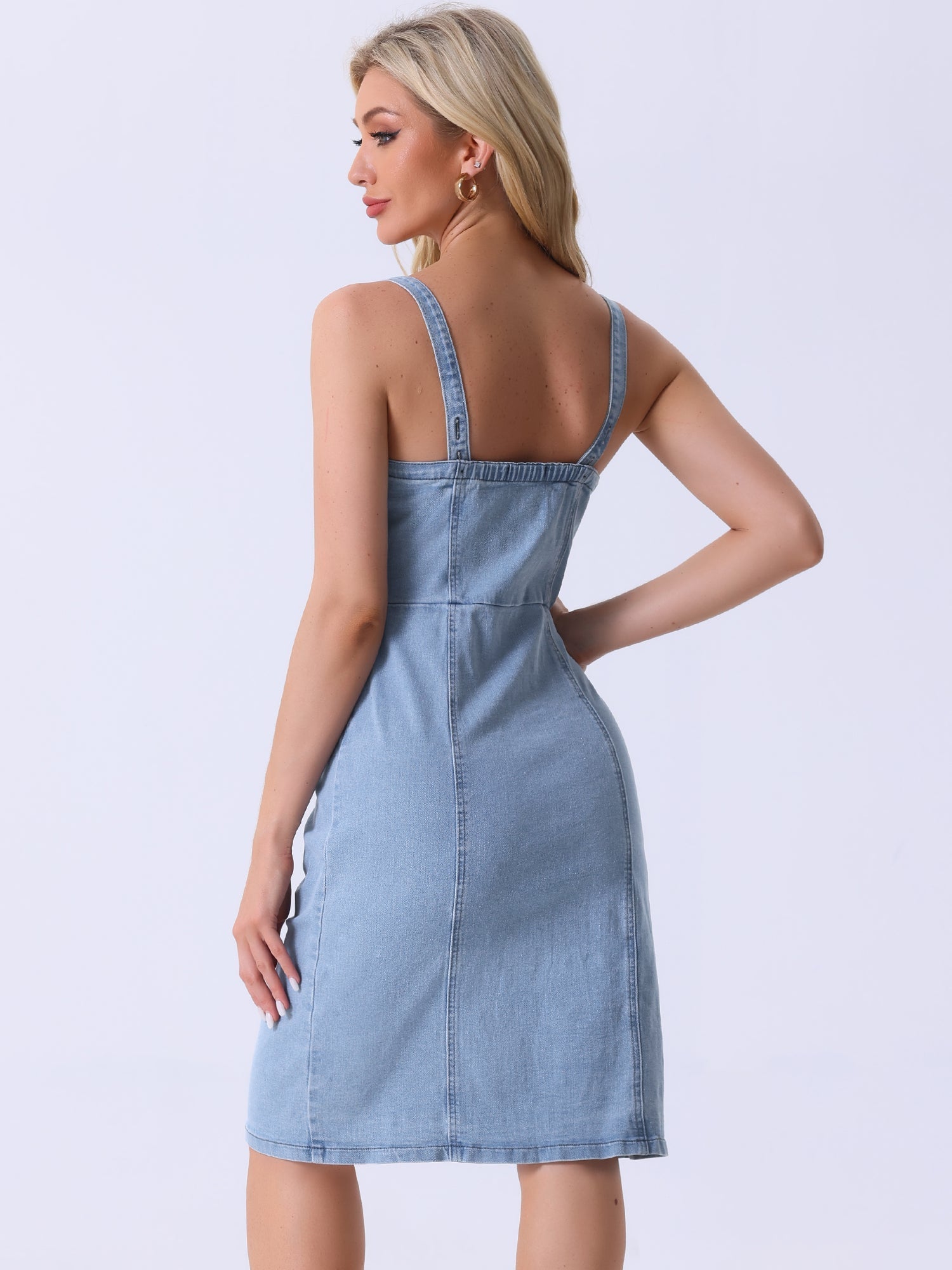 Button Down Denim Sleeveless Sweetheart Neck Jeans Dress