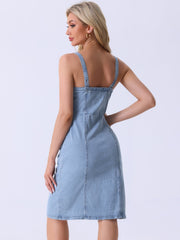Button Down Denim Sleeveless Sweetheart Neck Jeans Dress