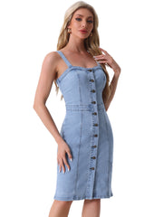 Button Down Denim Sleeveless Sweetheart Neck Jeans Dress