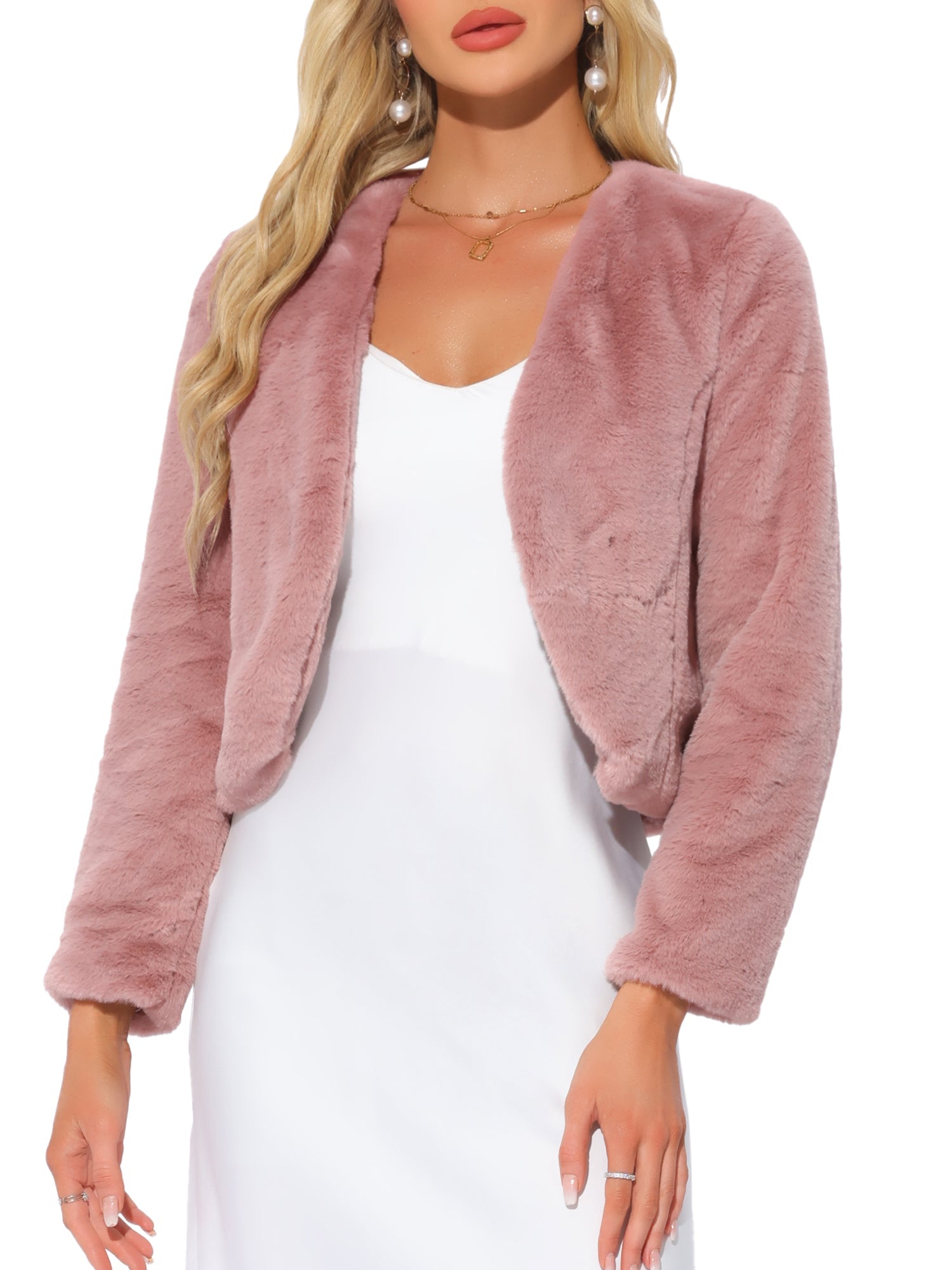 Faux Fur Long Sleeve Open Front Bolero Winter Coat Cropped Jacket