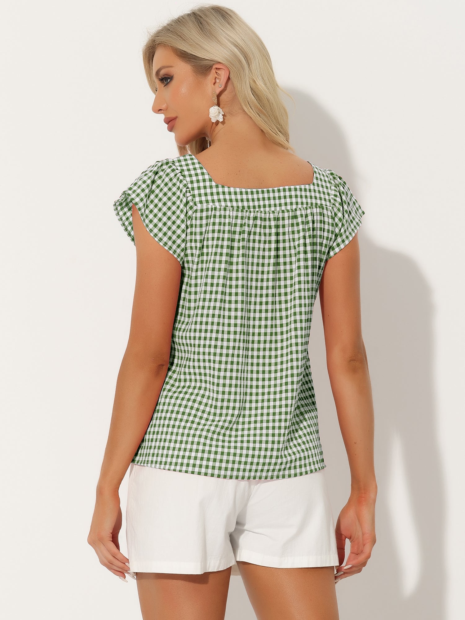 Square Neck Short Sleeves Gingham Plaid Blouse