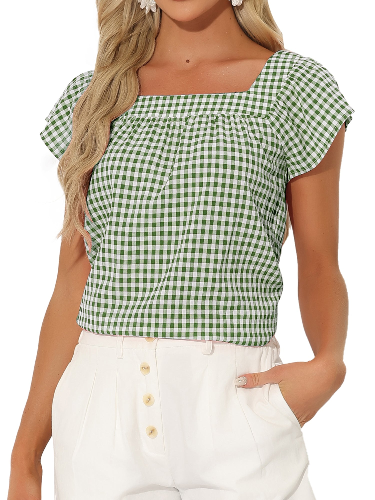 Square Neck Short Sleeves Gingham Plaid Blouse