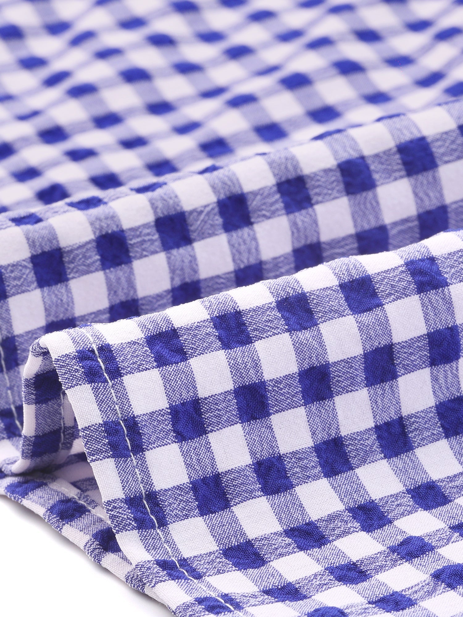 Square Neck Short Sleeves Gingham Plaid Blouse