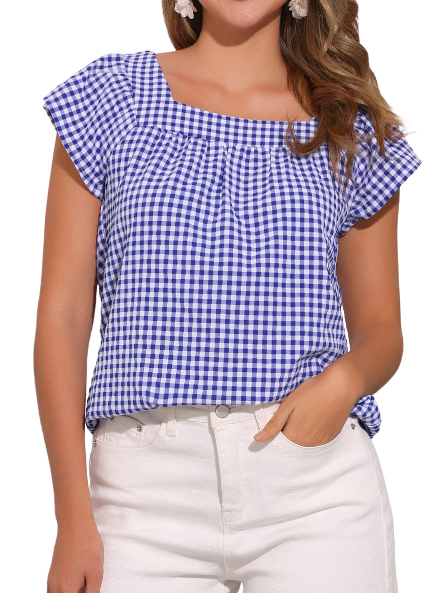 Square Neck Short Sleeves Gingham Plaid Blouse