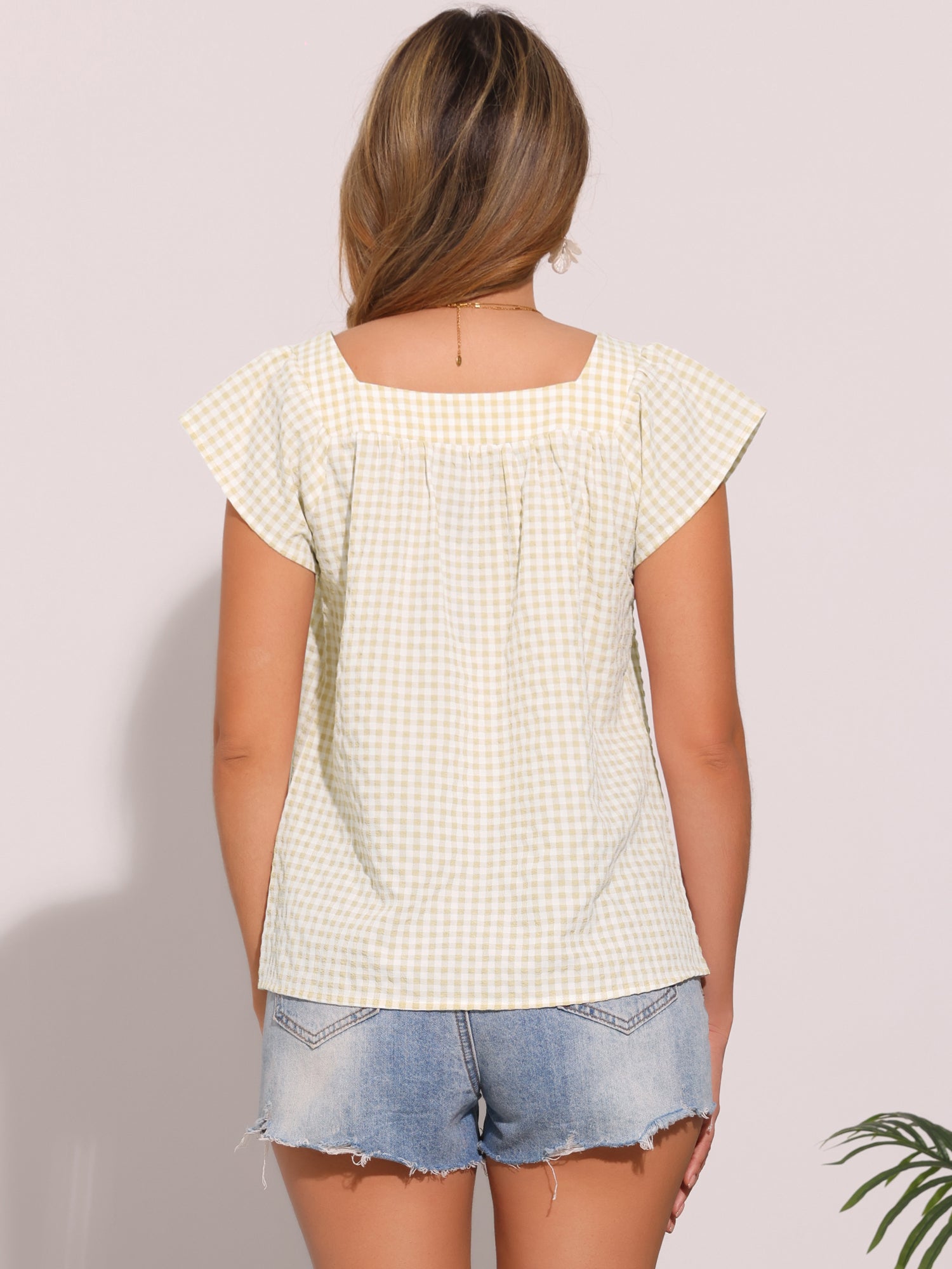 Square Neck Short Sleeves Gingham Plaid Blouse
