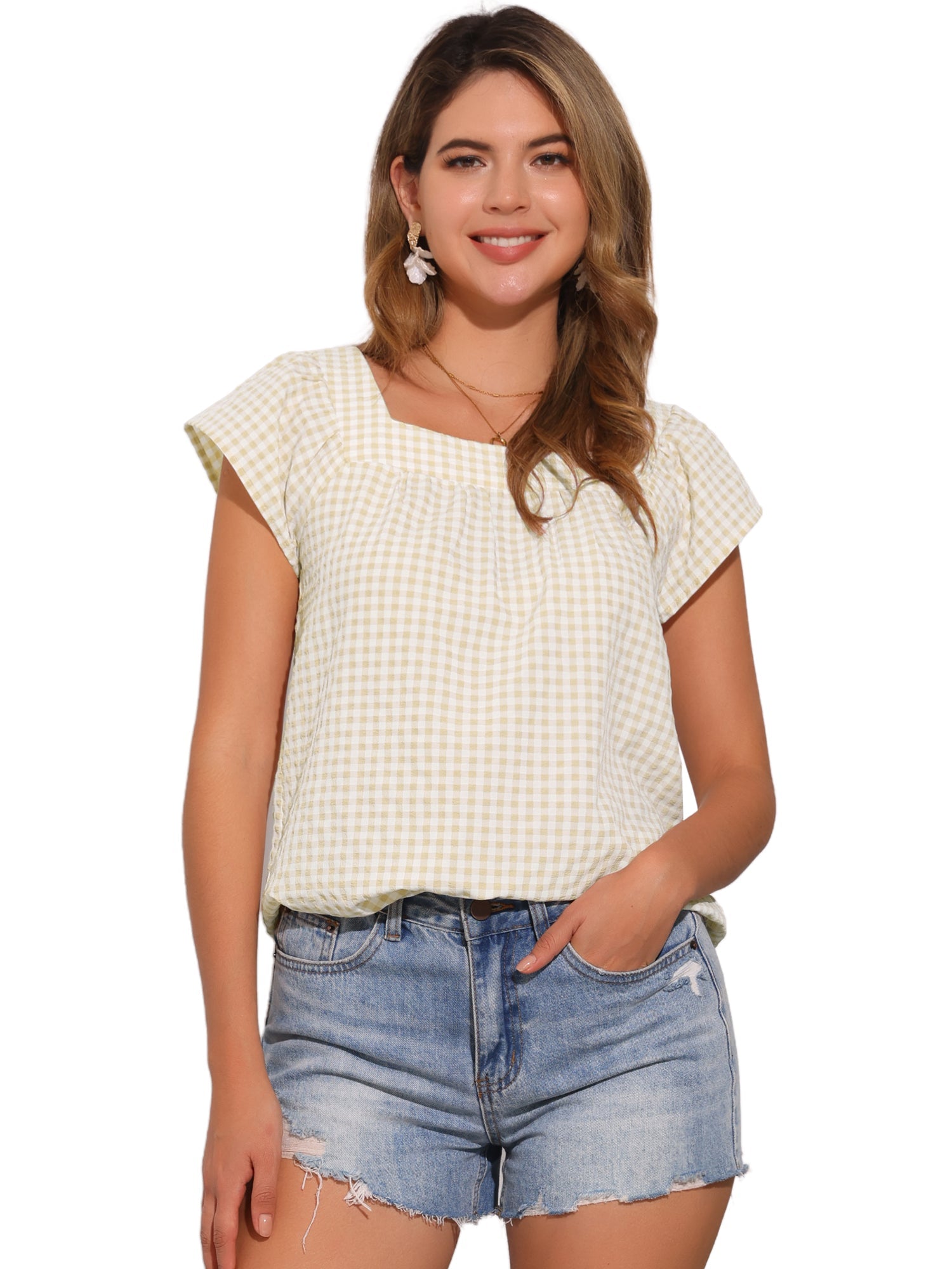Square Neck Short Sleeves Gingham Plaid Blouse