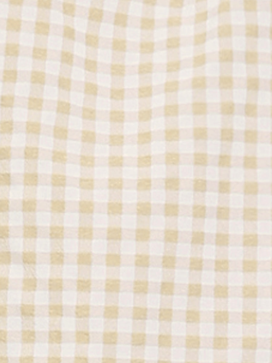 Square Neck Short Sleeves Gingham Plaid Blouse