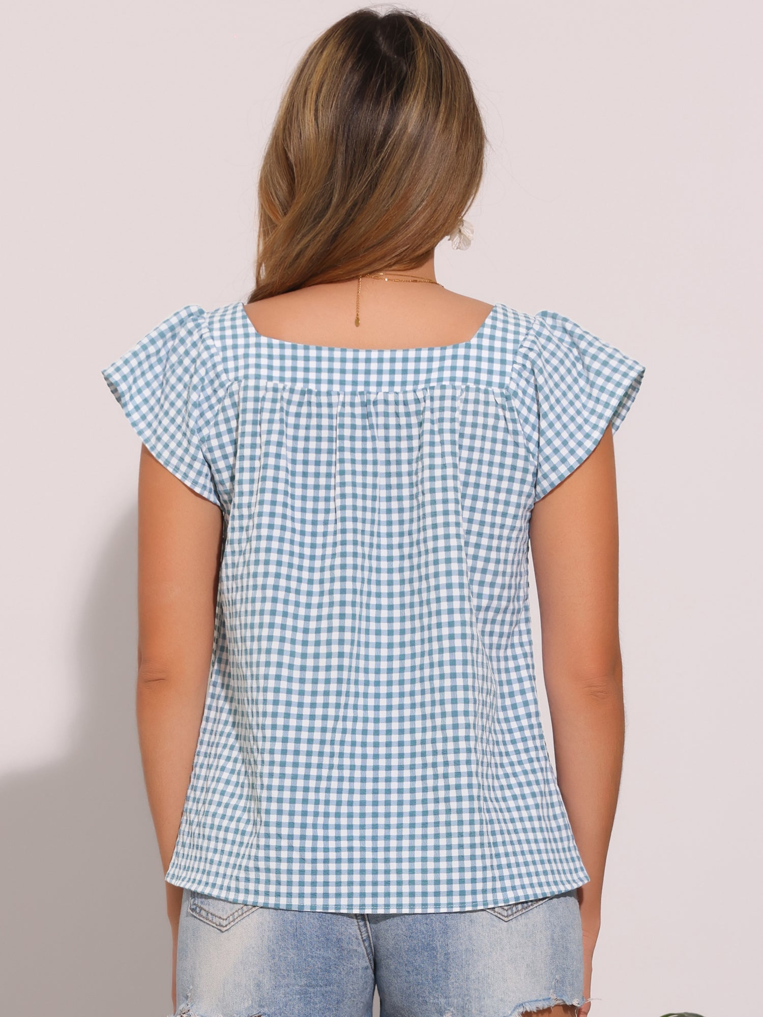 Square Neck Short Sleeves Gingham Plaid Blouse