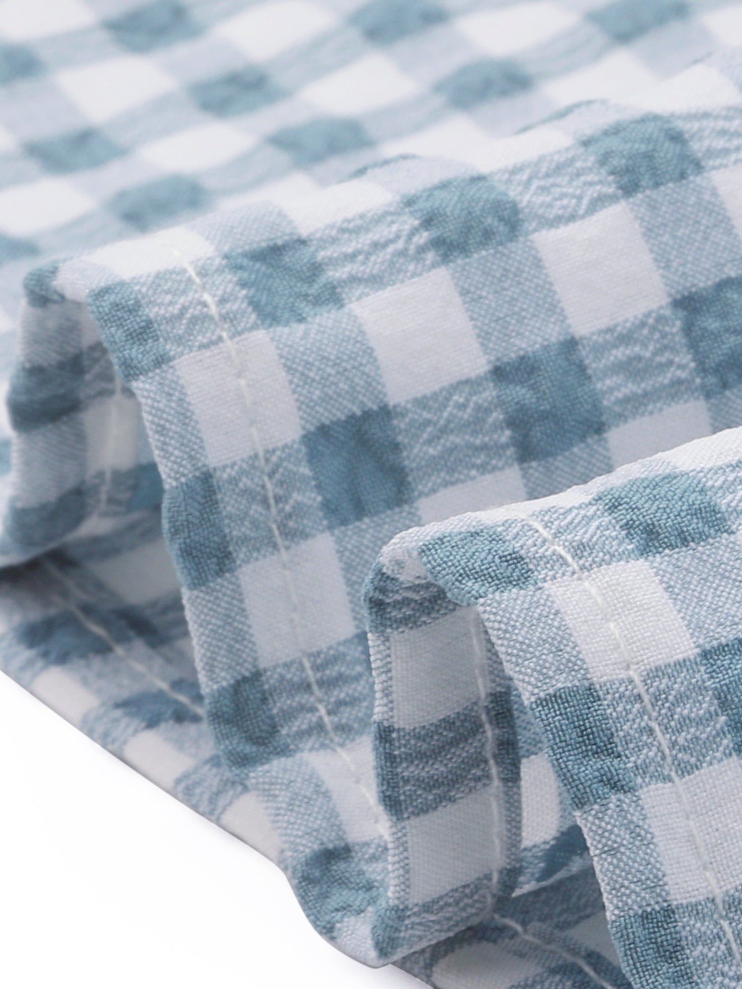 Square Neck Short Sleeves Gingham Plaid Blouse