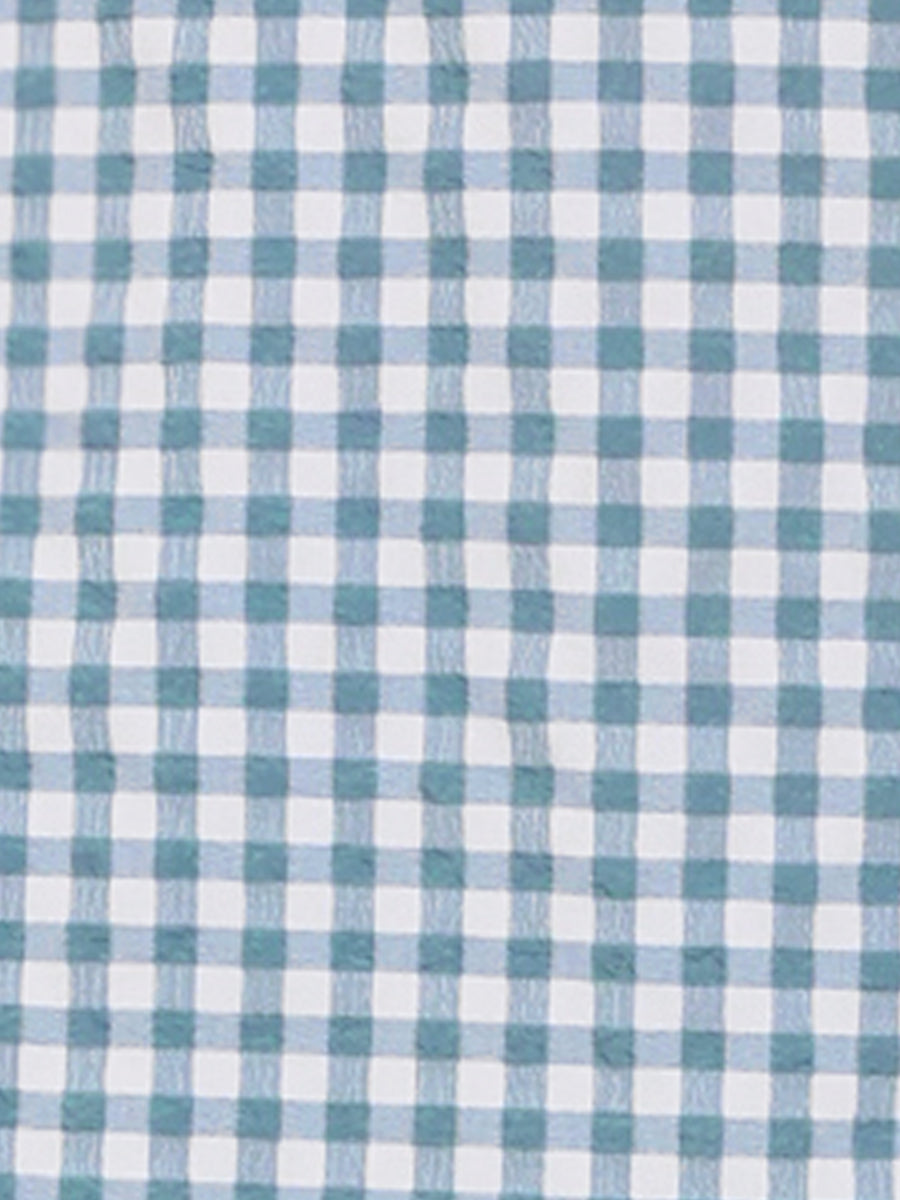 Square Neck Short Sleeves Gingham Plaid Blouse
