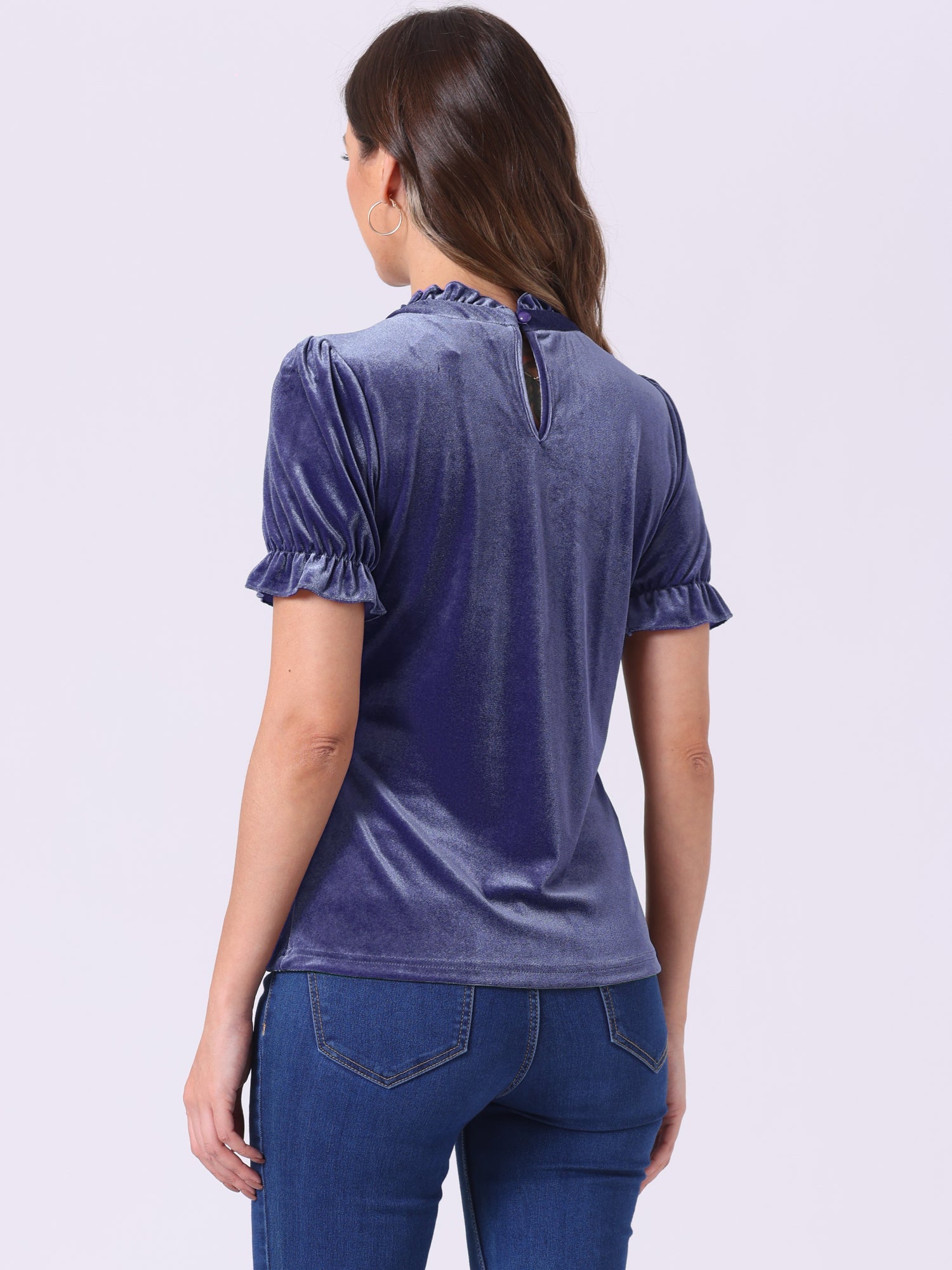 Ruffle Collar Short Cuff Sleeve Velvet Tops Blouse