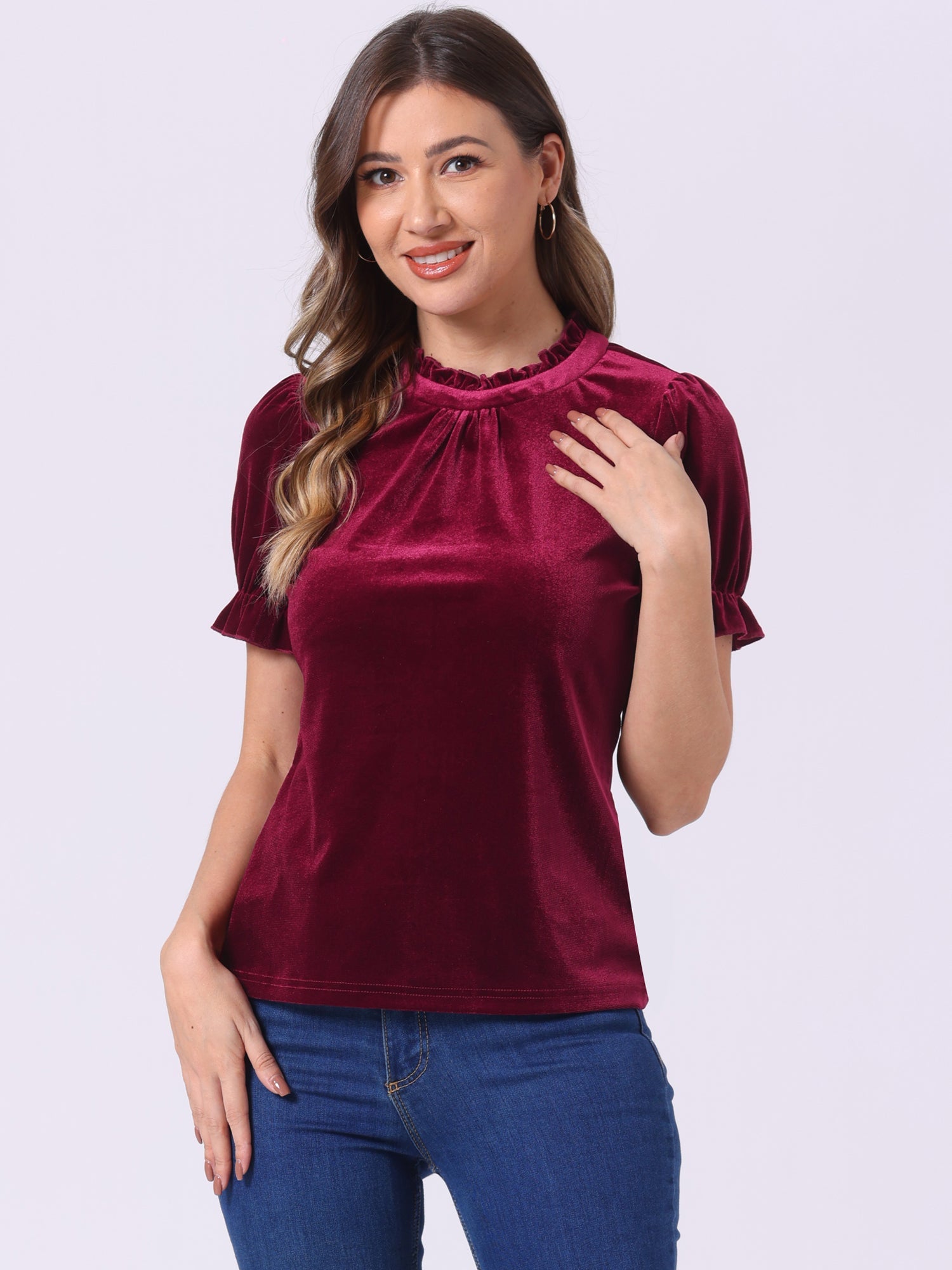 Ruffle Collar Short Cuff Sleeve Velvet Tops Blouse