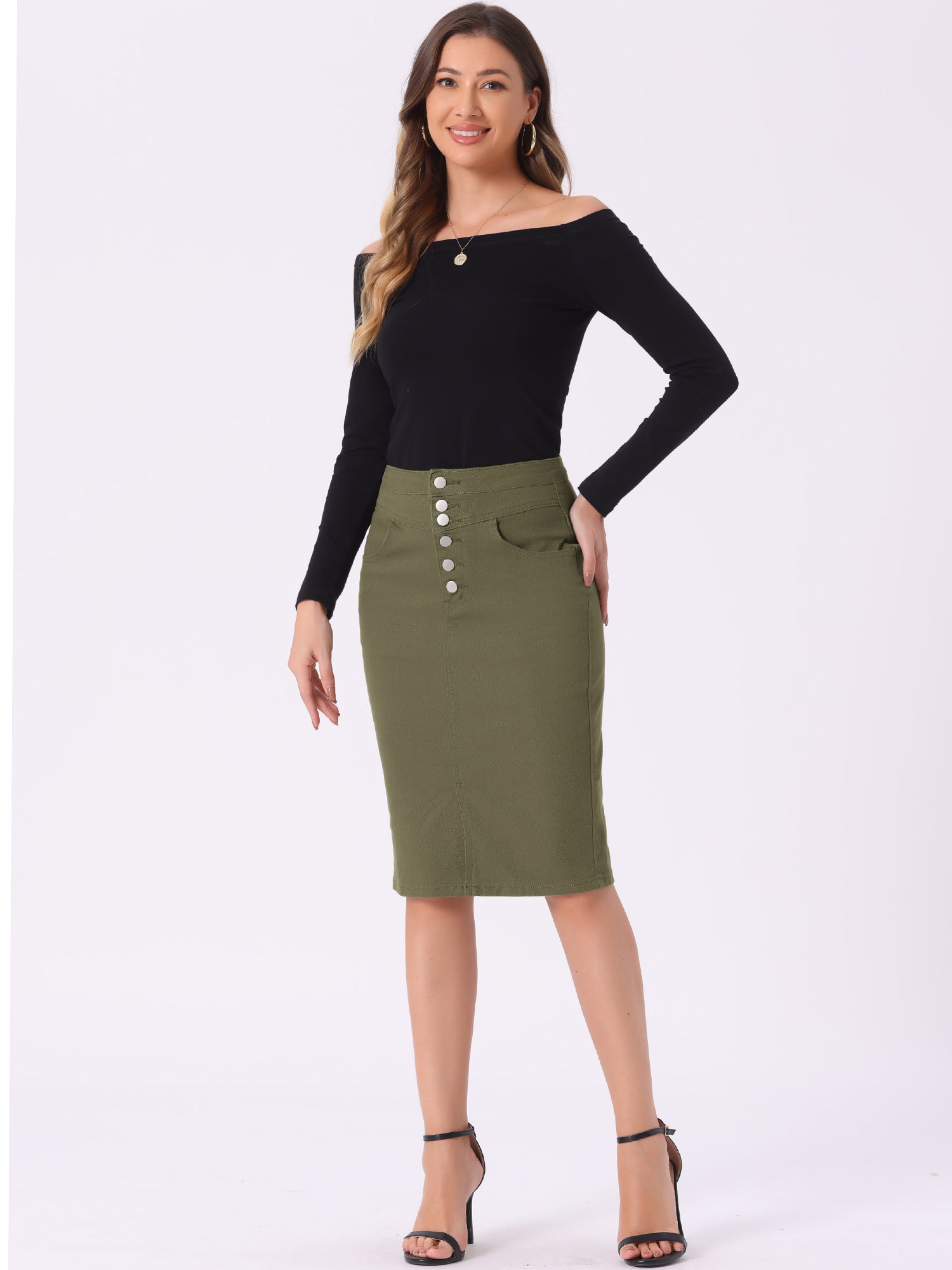 Denim Pencil Button High Waist Split Hem Casual Midi Jean Skirts