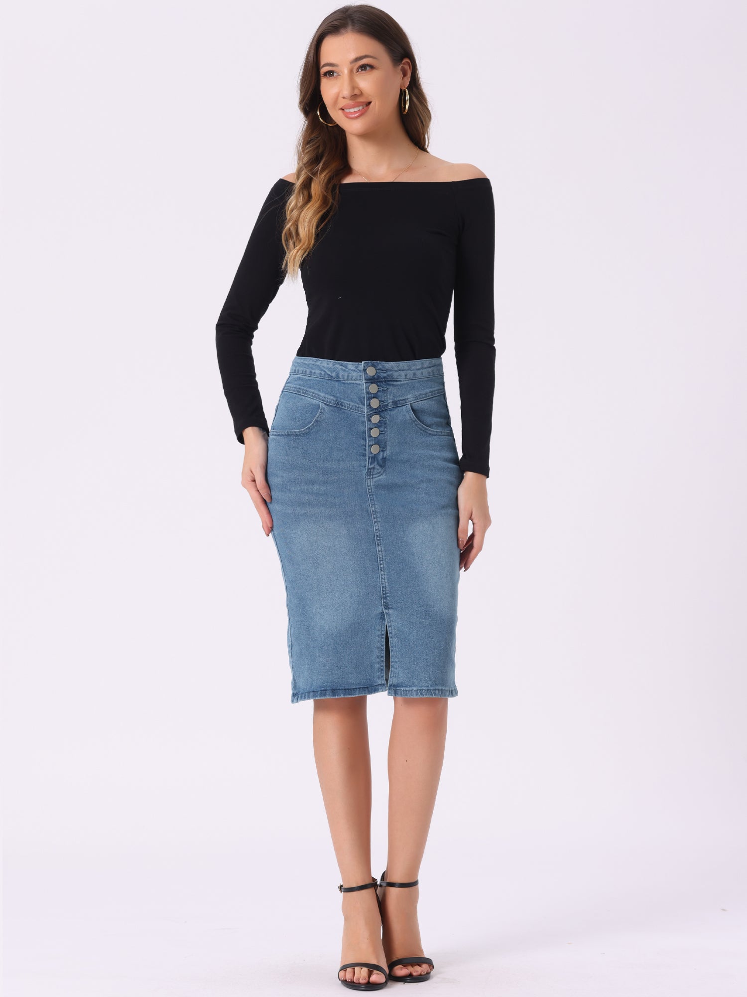 Denim Pencil Button High Waist Split Hem Casual Midi Jean Skirts