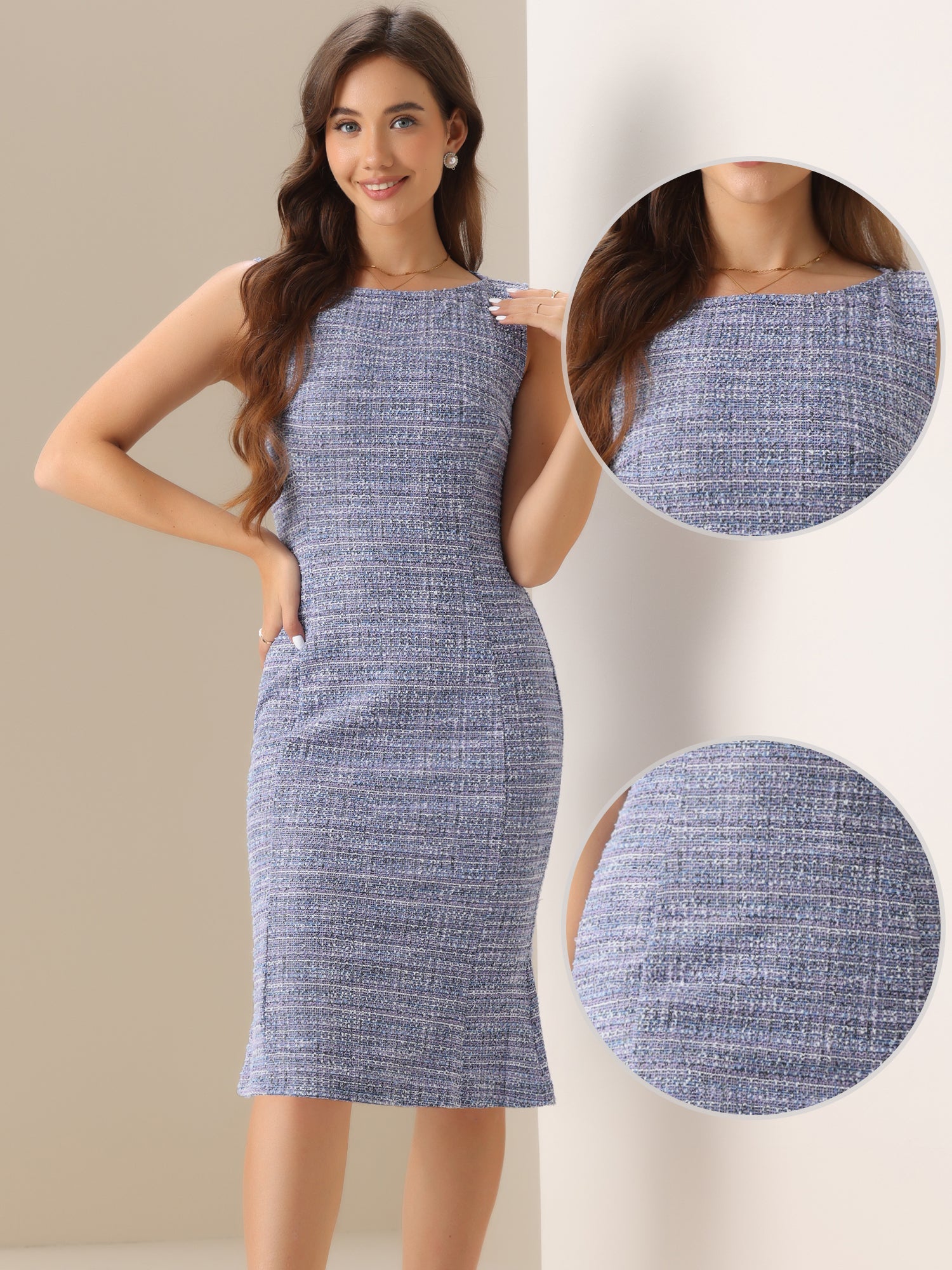 Tweed Sleeveless Elegant Plaid Midi Fishtail Dress
