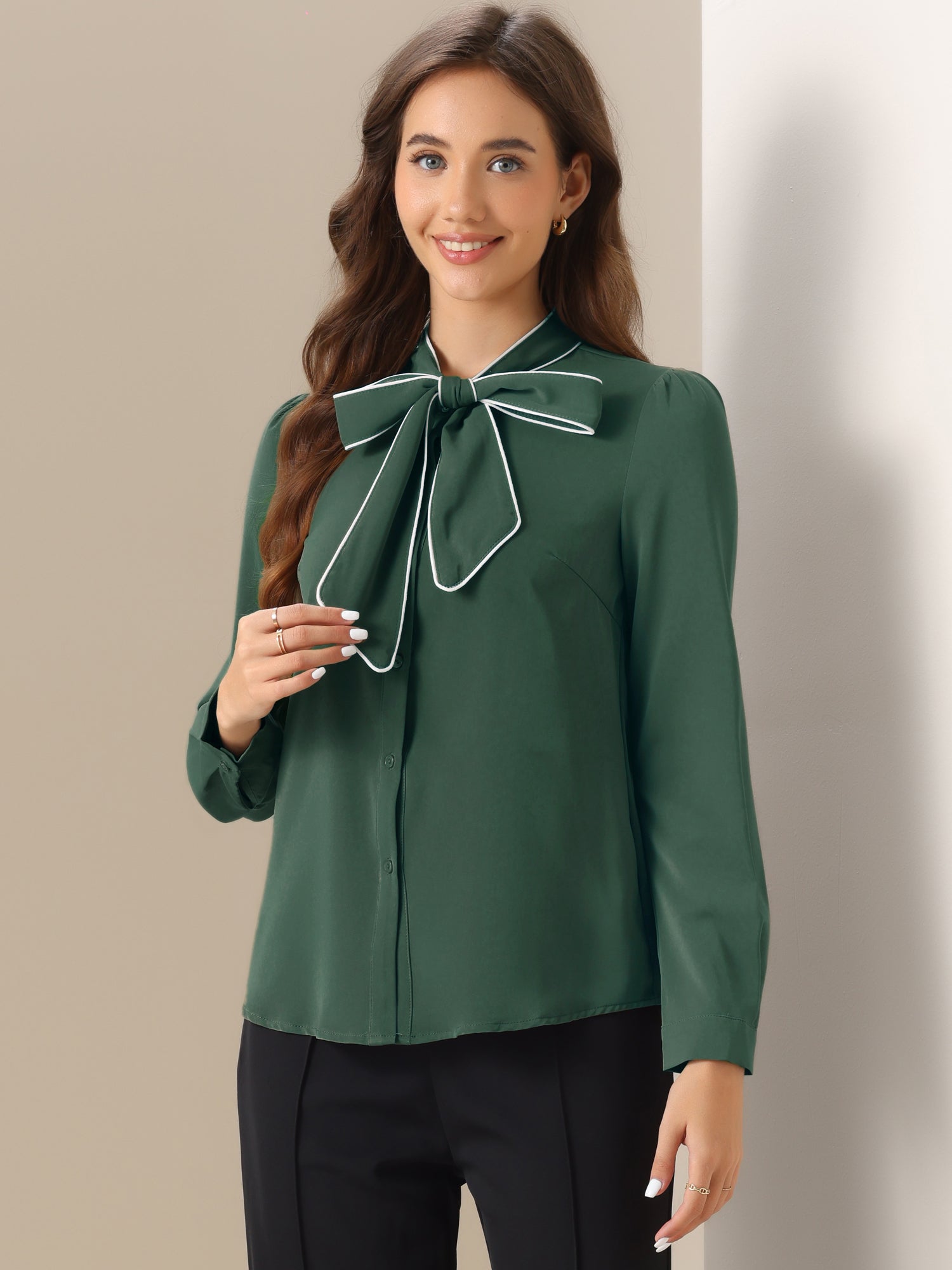 Tie Neck Contrast Color Button Down Long Sleeve Shirt