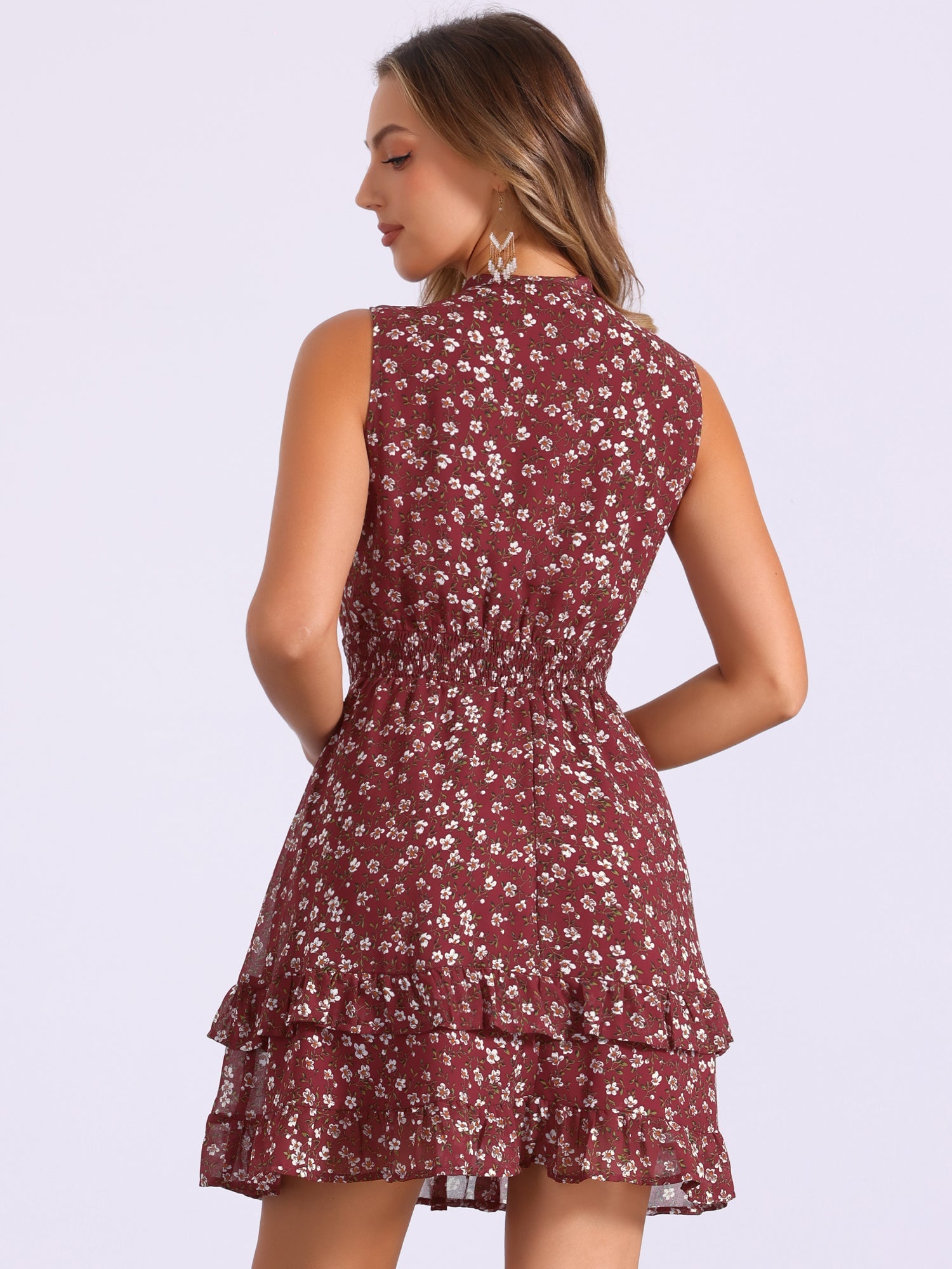 Floral A-line Smocked Waist Tiered Ruffled Chiffon Mini Dress