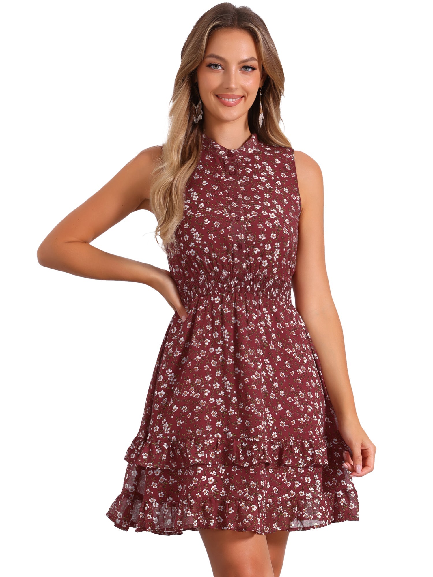Floral A-line Smocked Waist Tiered Ruffled Chiffon Mini Dress