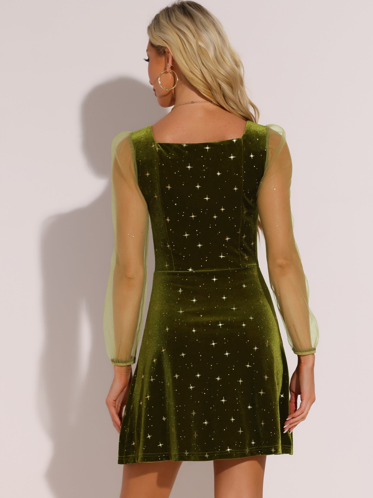 Sheer Puff Sleeve Square Neck Glitter Metallic Star Velvet Mini Dress