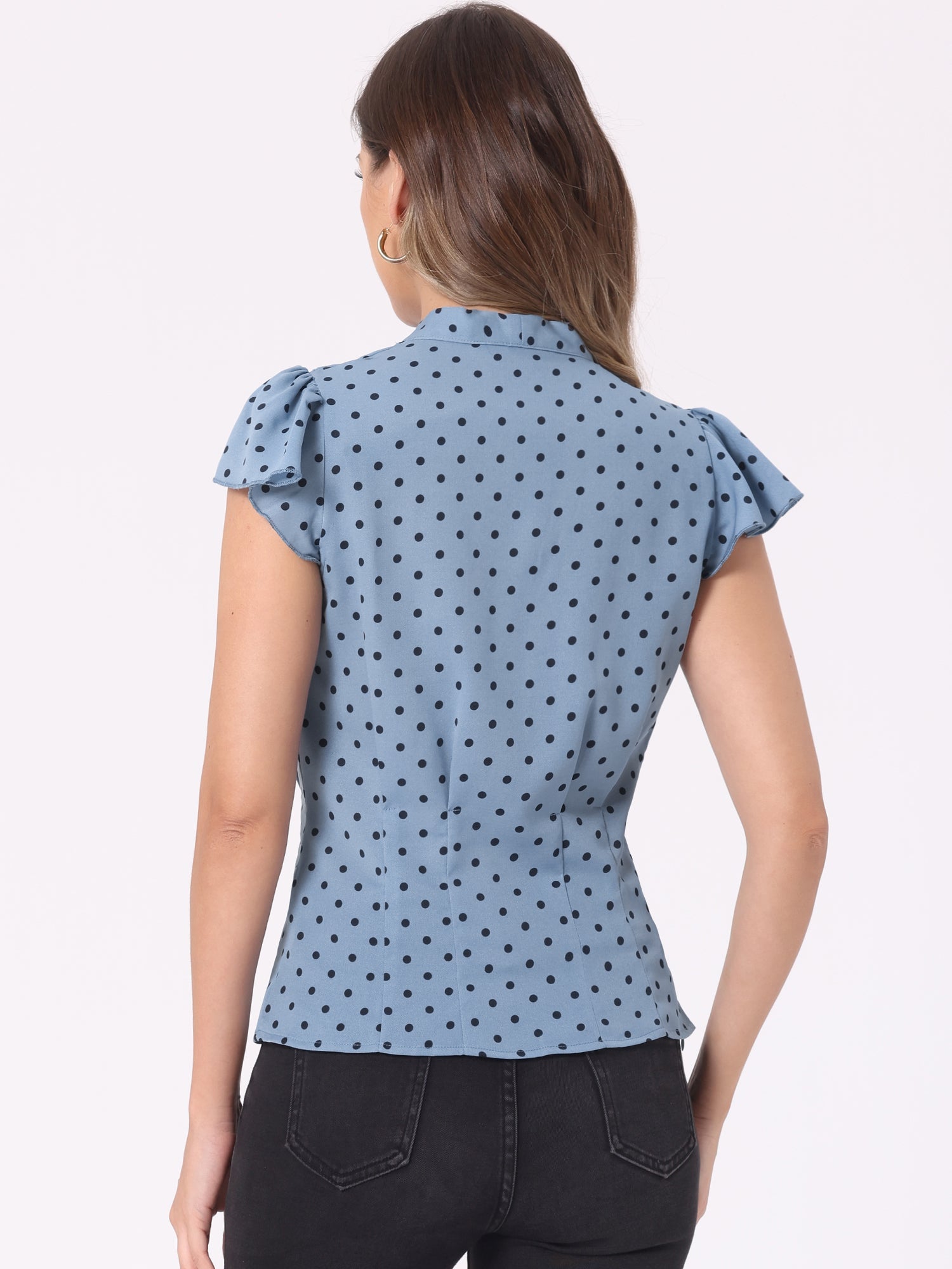 Summer Polka Dots Top Bow Tie V Neck Ruffled Cap Sleeve Office Blouse