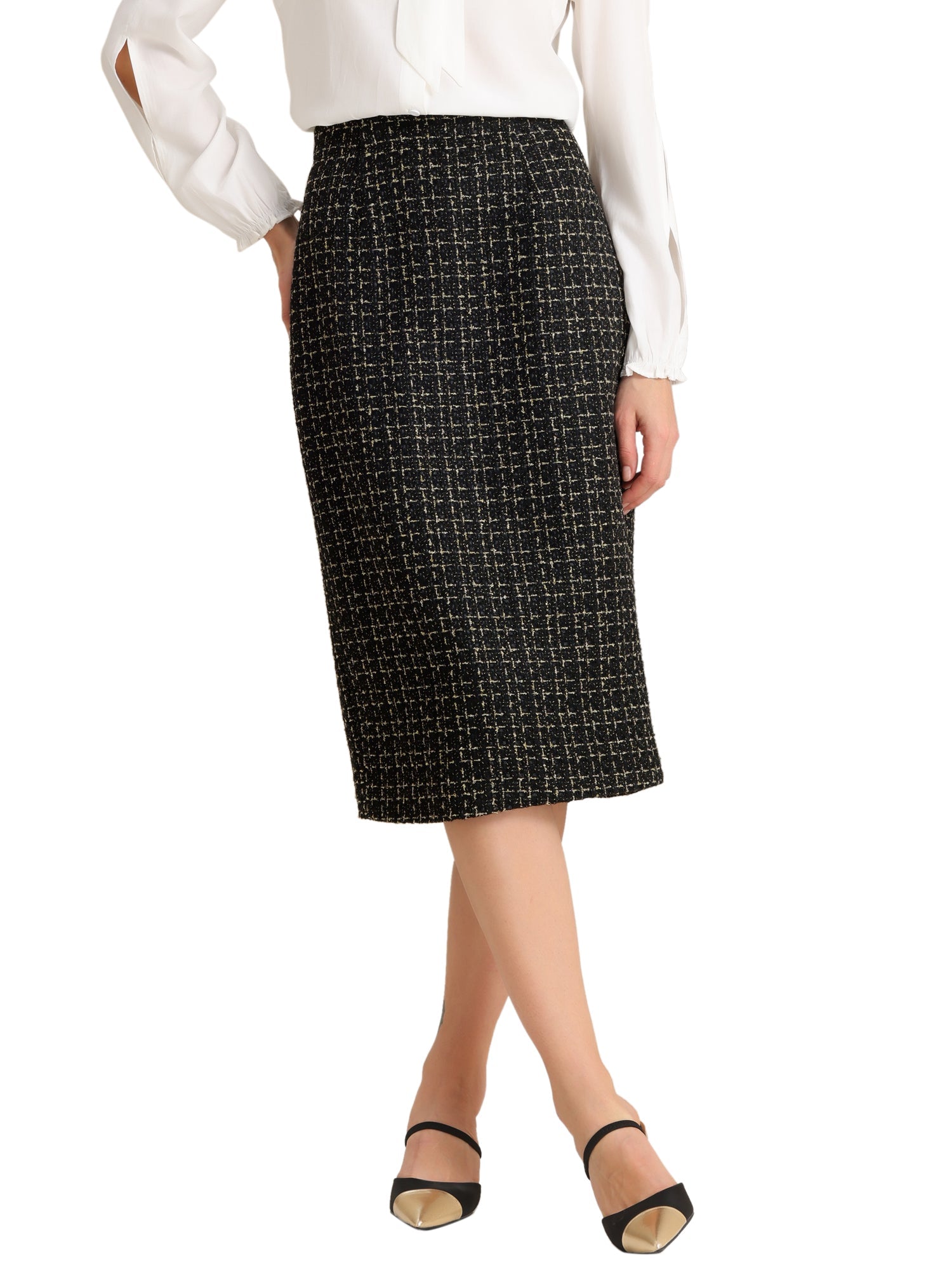Plaid Tweed High Waist Work Office Bodycon Pencil Midi Skirt