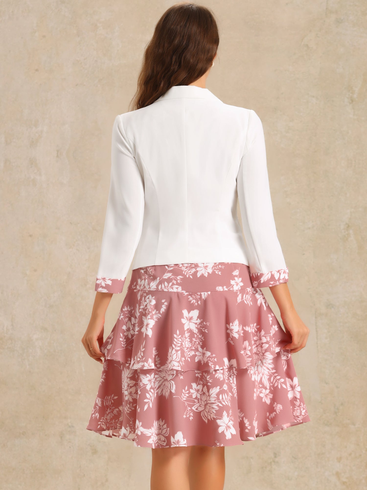 Work flower Print Contrast Panel 2pc Sets Chiffon V Neck Jacket Dress