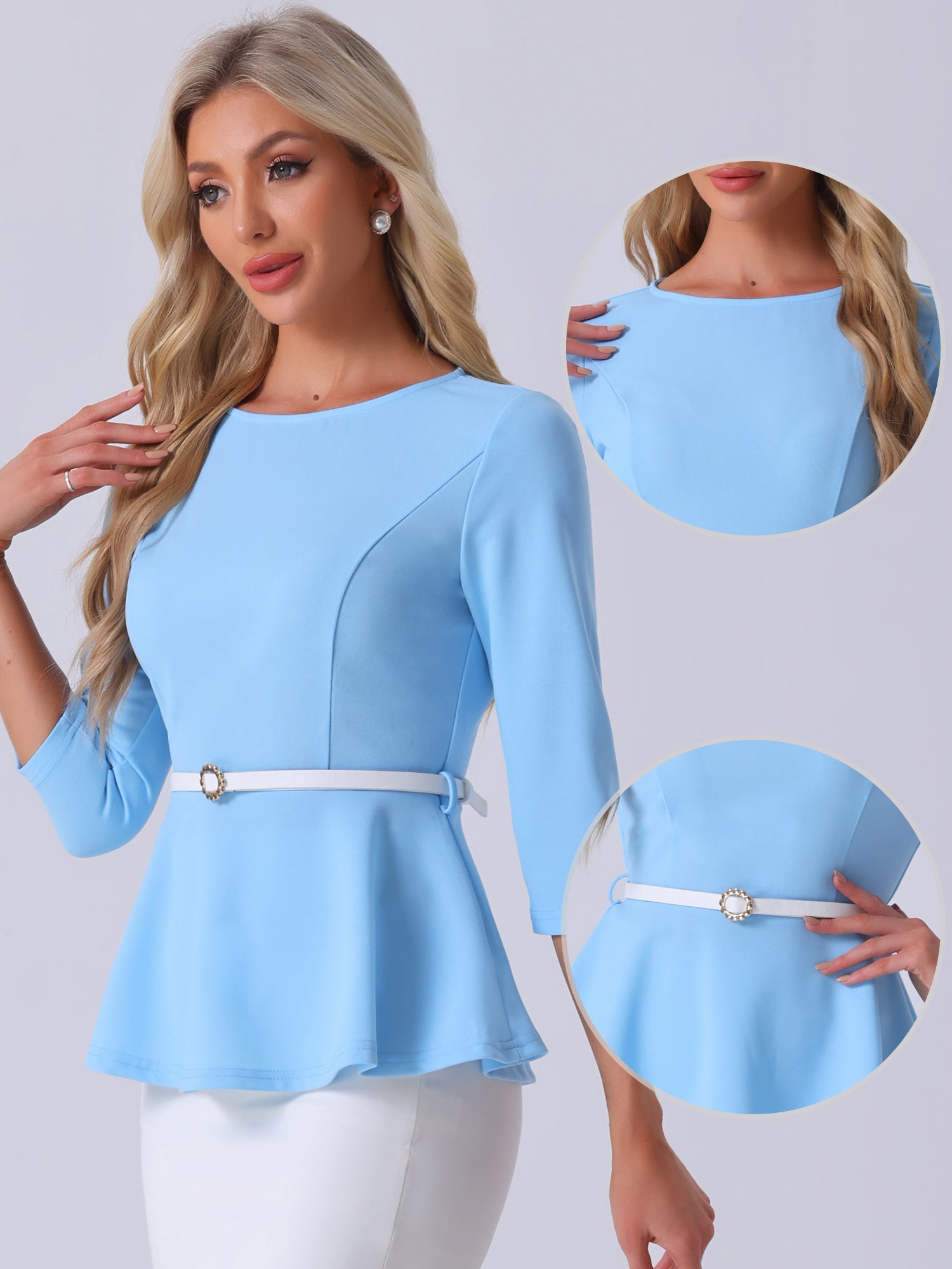 3/4 Sleeve Belted Peplum Elegant Business Work Blouse