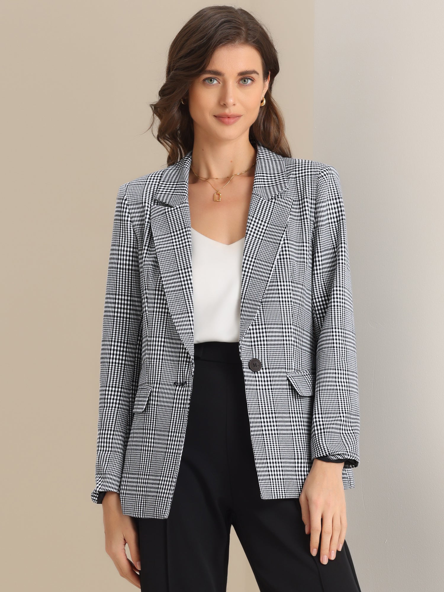 Plaid Notched Lapel One Button Houndstooth Blazer Jacket