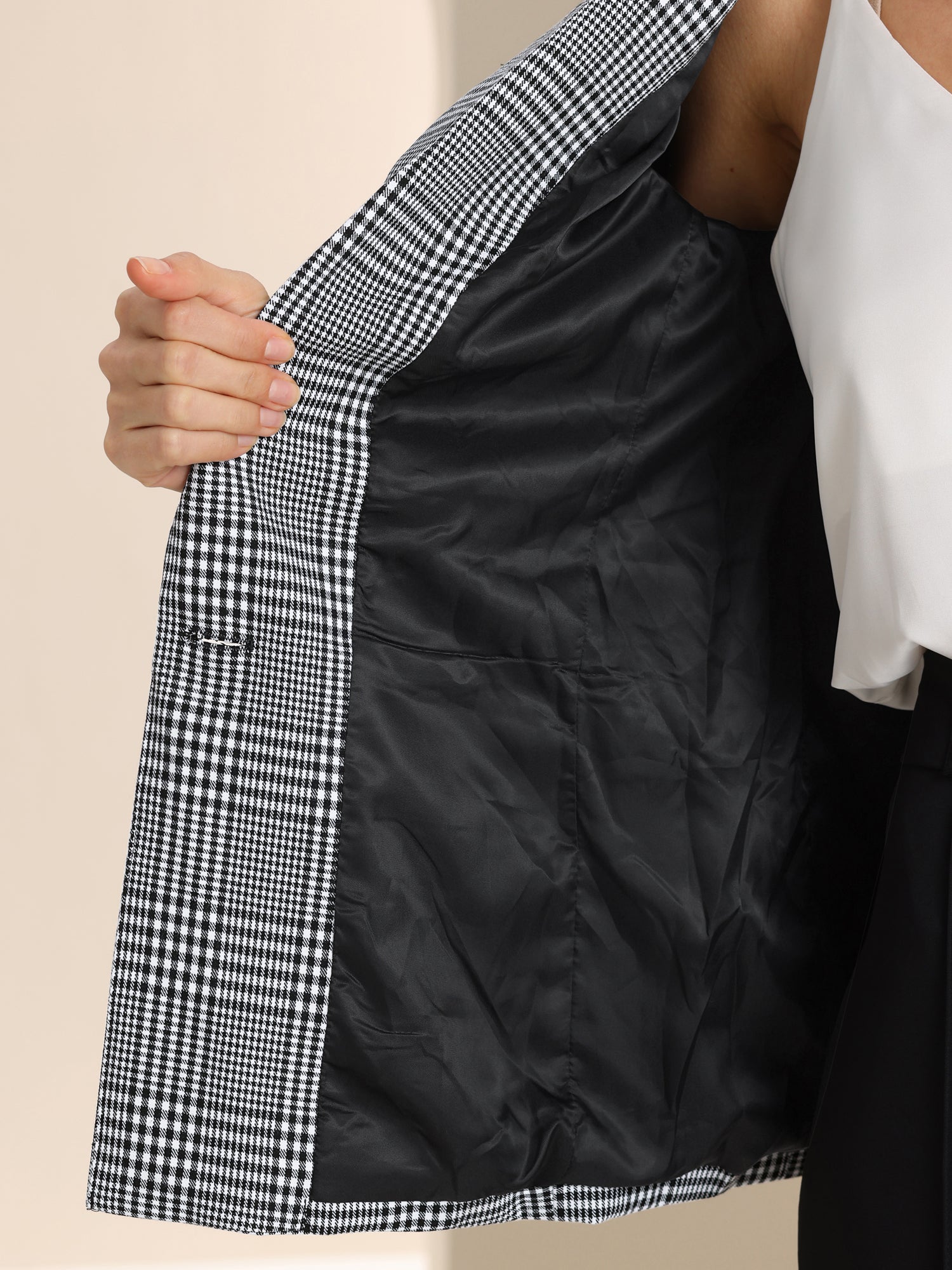 Plaid Notched Lapel One Button Houndstooth Blazer Jacket