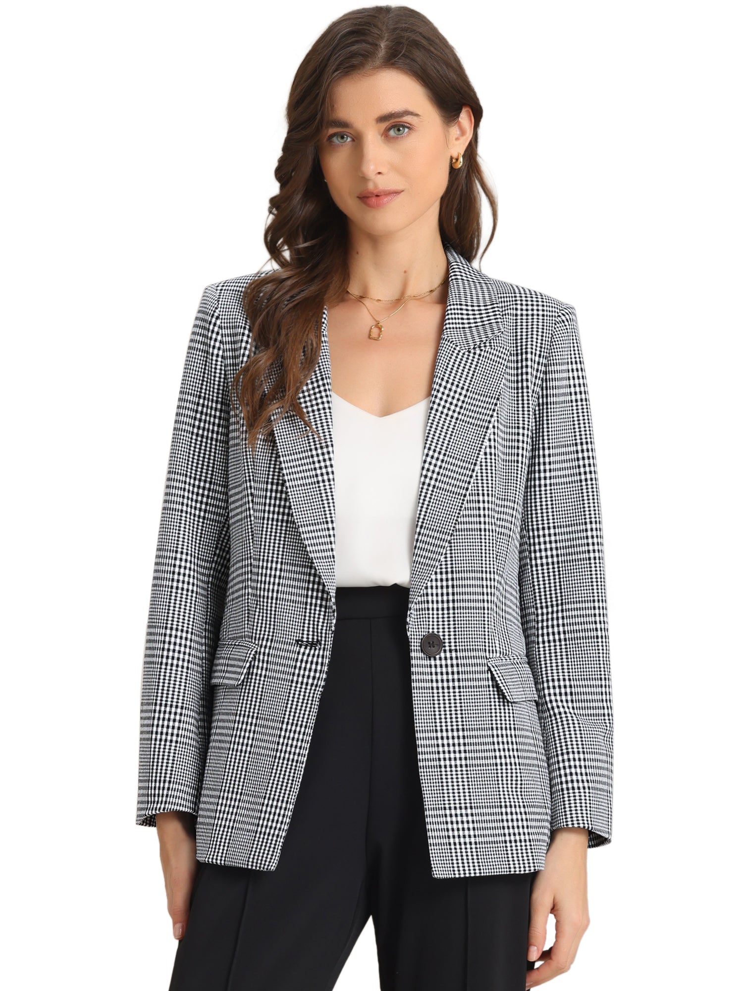 Plaid Notched Lapel One Button Houndstooth Blazer Jacket
