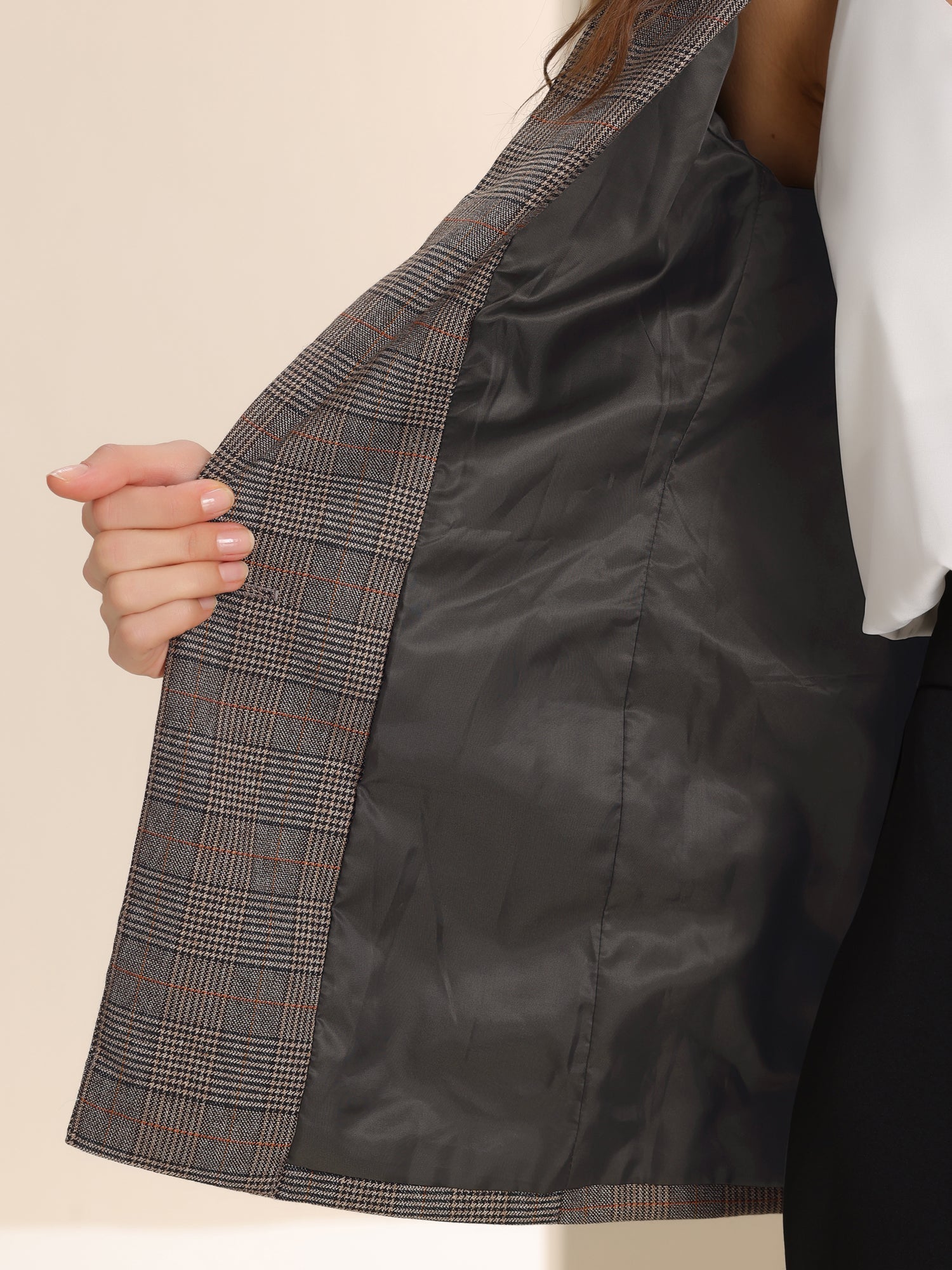 Plaid Notched Lapel One Button Houndstooth Blazer Jacket