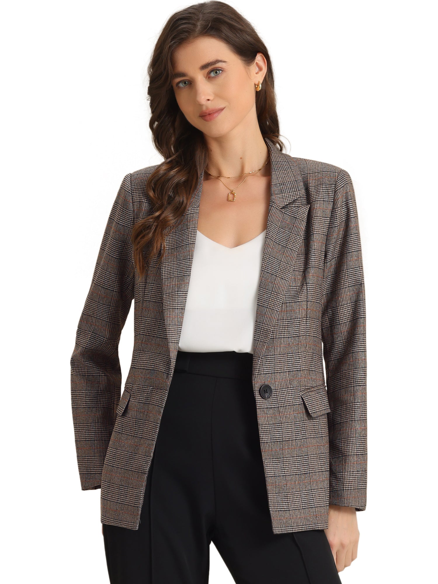 Plaid Notched Lapel One Button Houndstooth Blazer Jacket