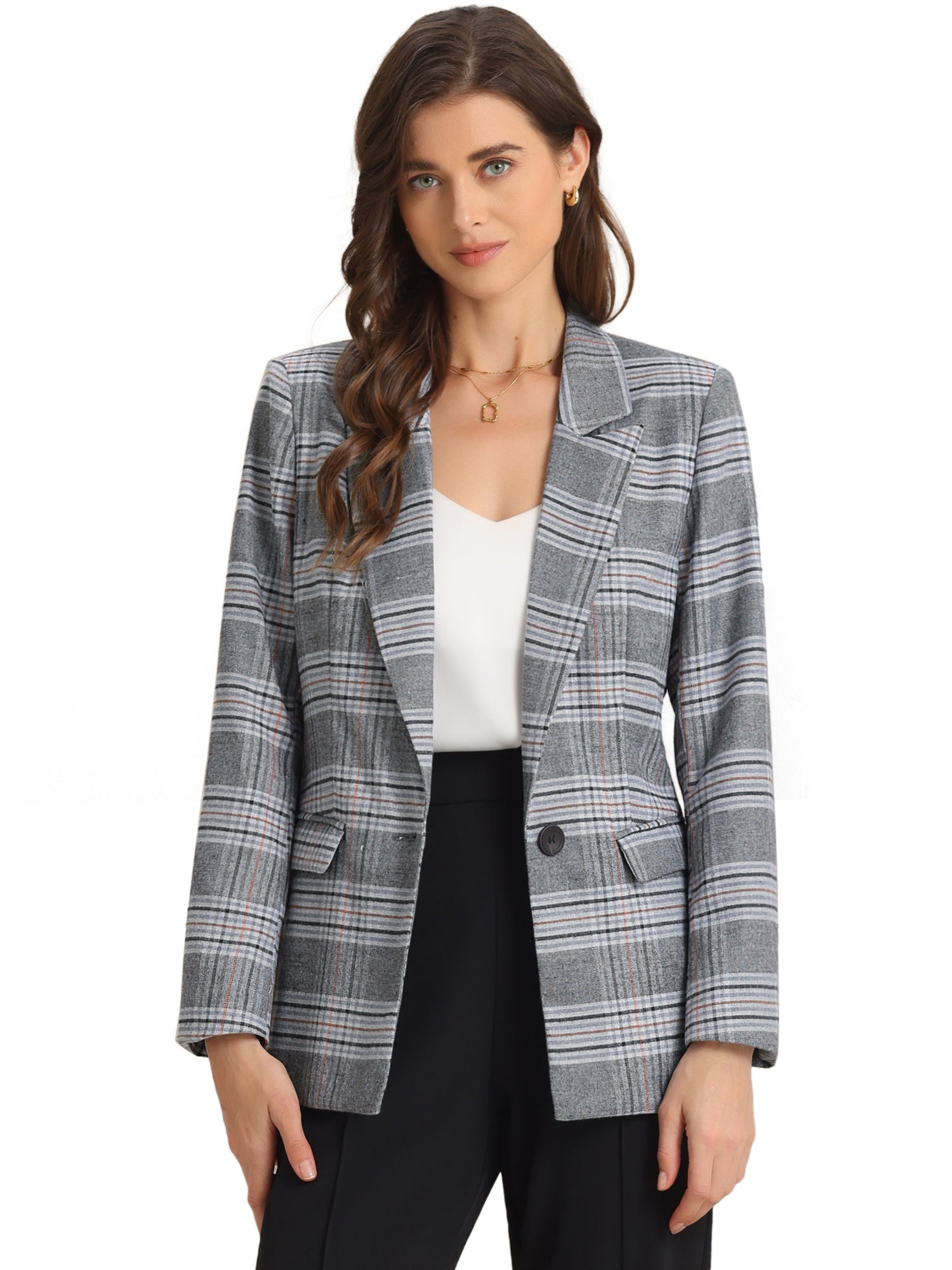 Plaid Notched Lapel One Button Houndstooth Blazer Jacket