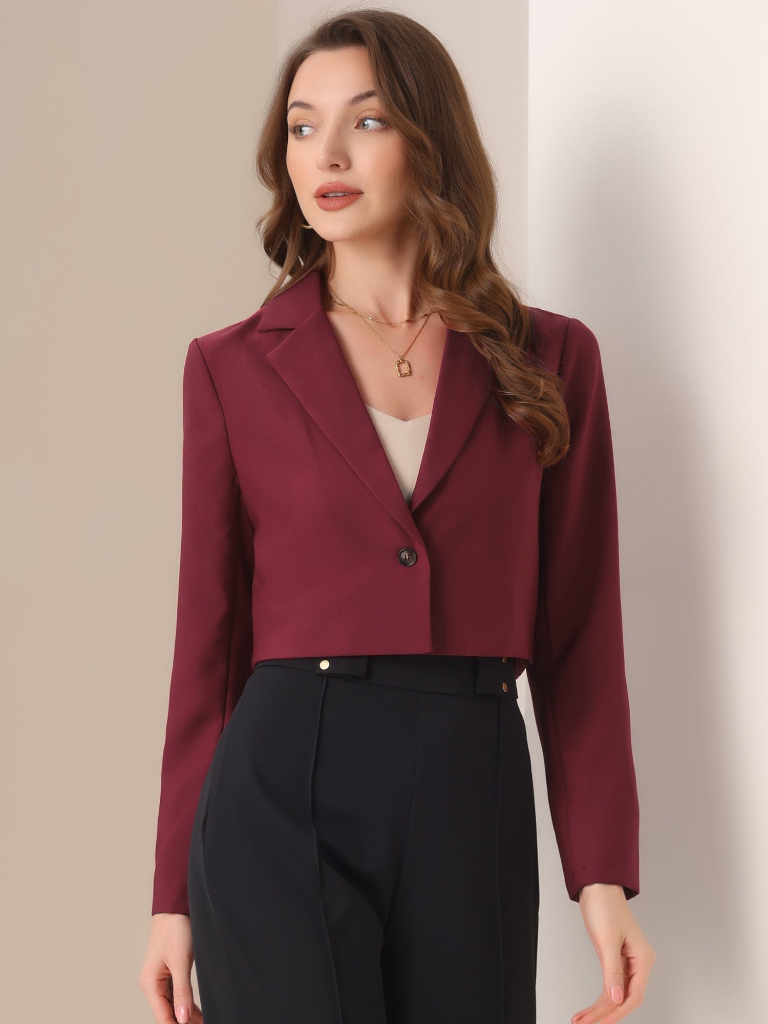Long Sleeve Open Front Notched Lapel Business Cropped Blazer
