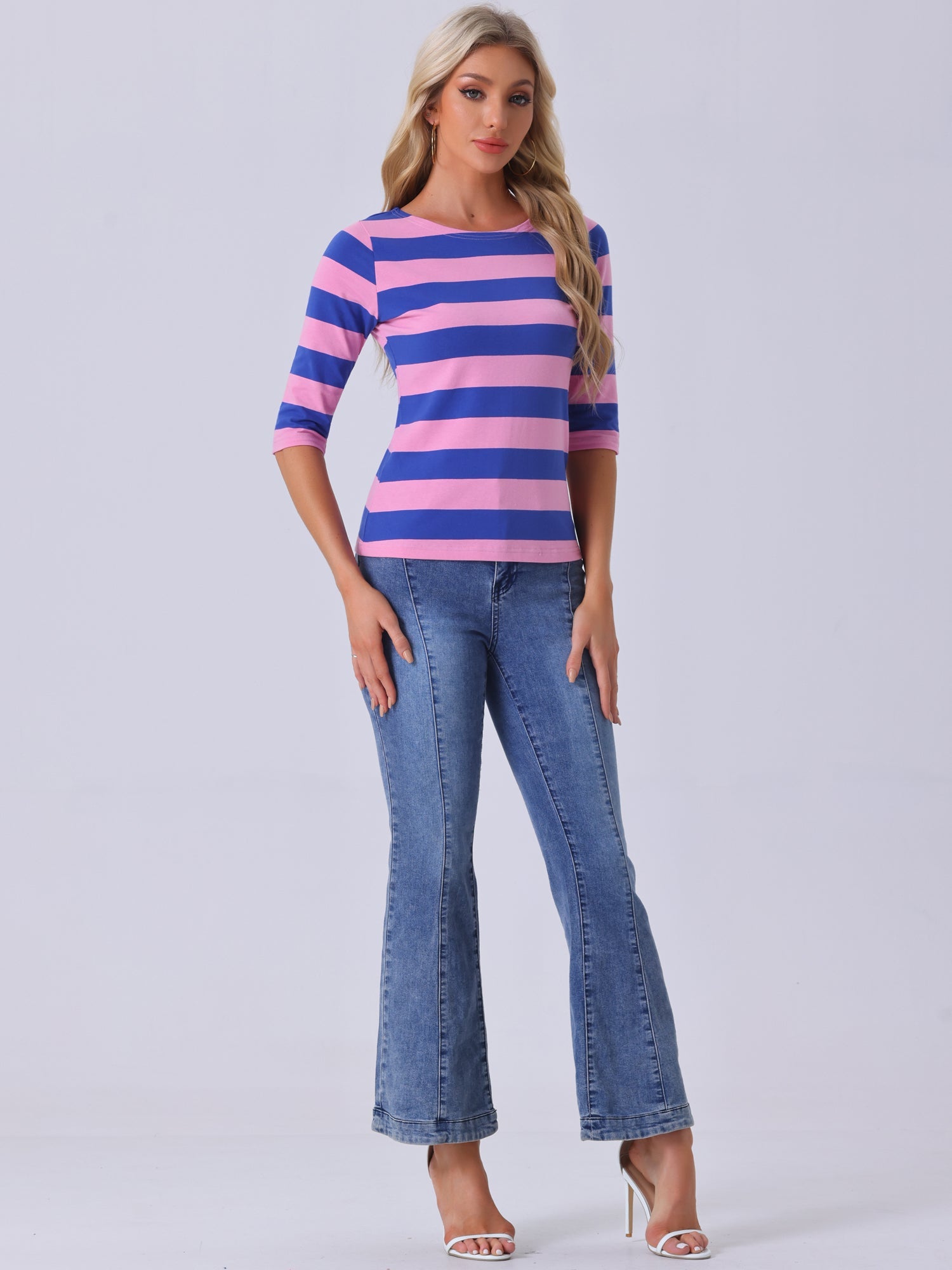 Striped 3/4 Sleeve Casual Basic Boat Neck T-shirt