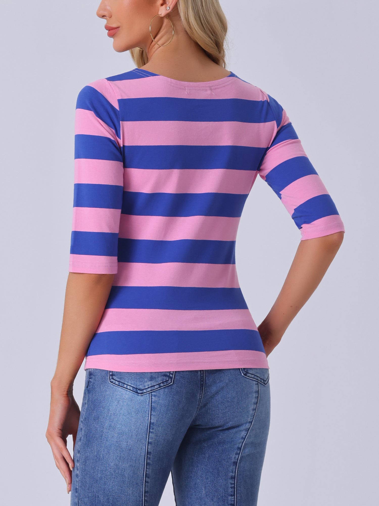 Striped 3/4 Sleeve Casual Basic Boat Neck T-shirt
