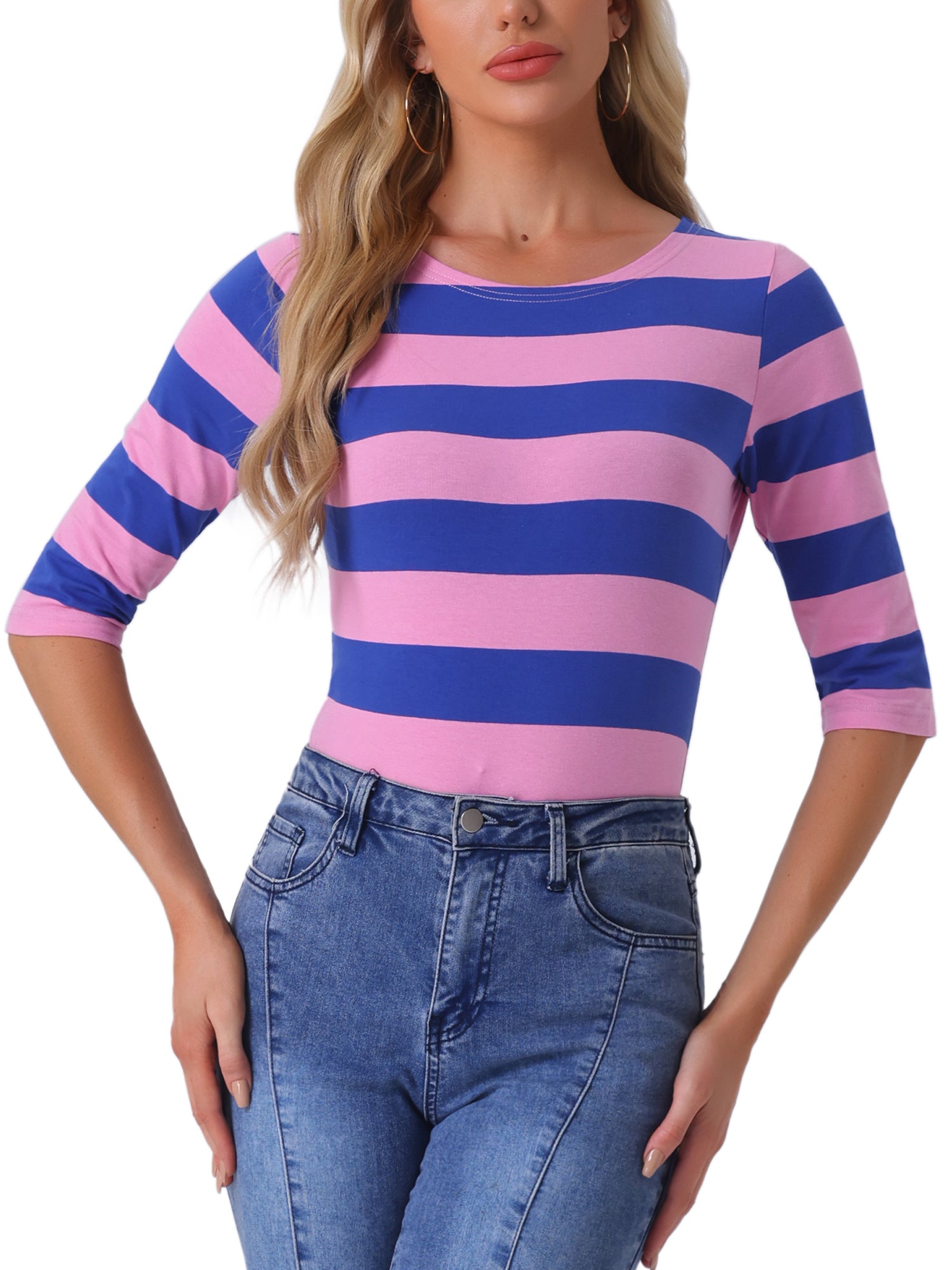 Striped 3/4 Sleeve Casual Basic Boat Neck T-shirt